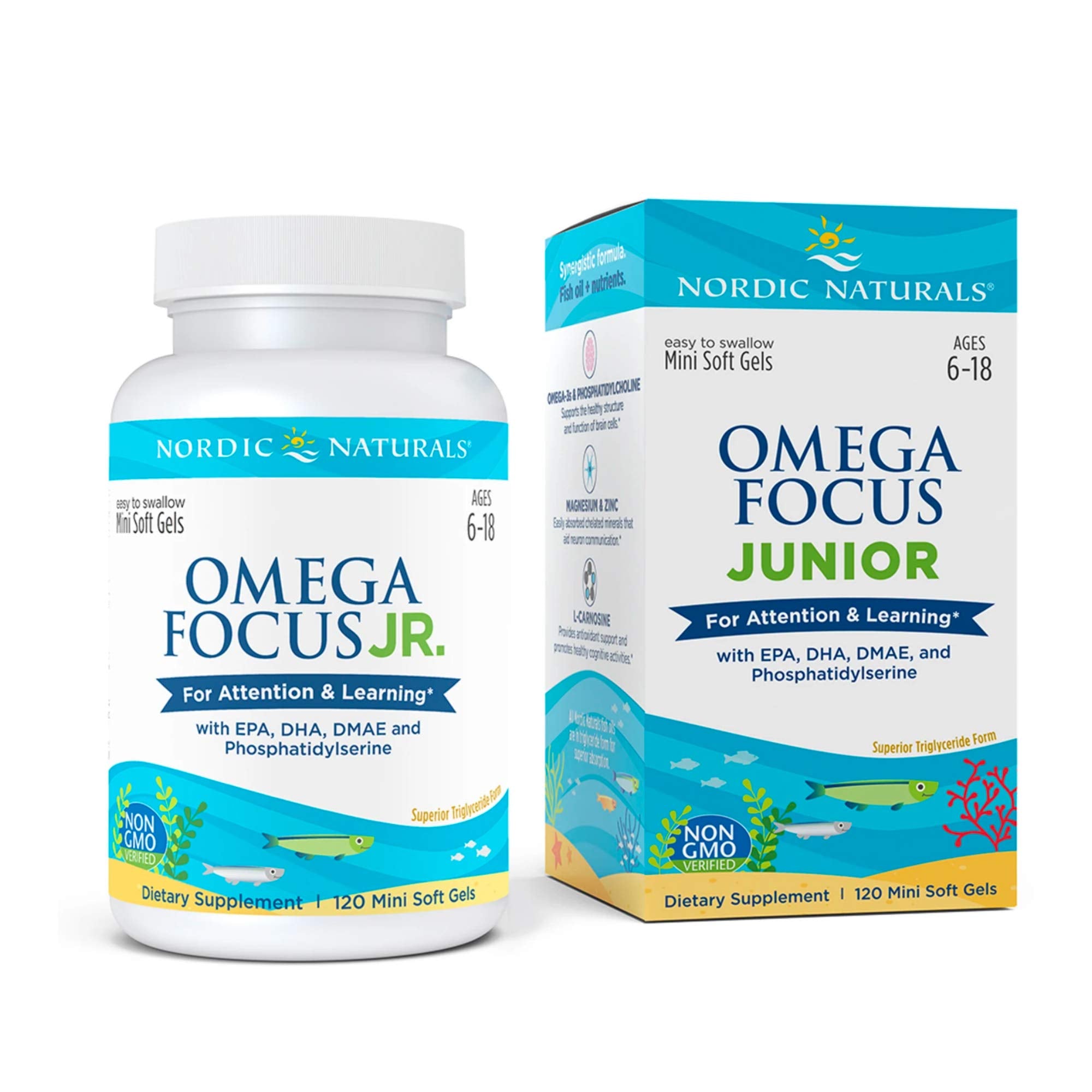 Nordic Naturals Omega Focus Jr, Lemon - 120 Mini Soft Gels - 900 mg Total Omega-3s with EPA, DHA, DMAE & Phosphatidylserine - Attention, Learning - Non-GMO - 30 Servings