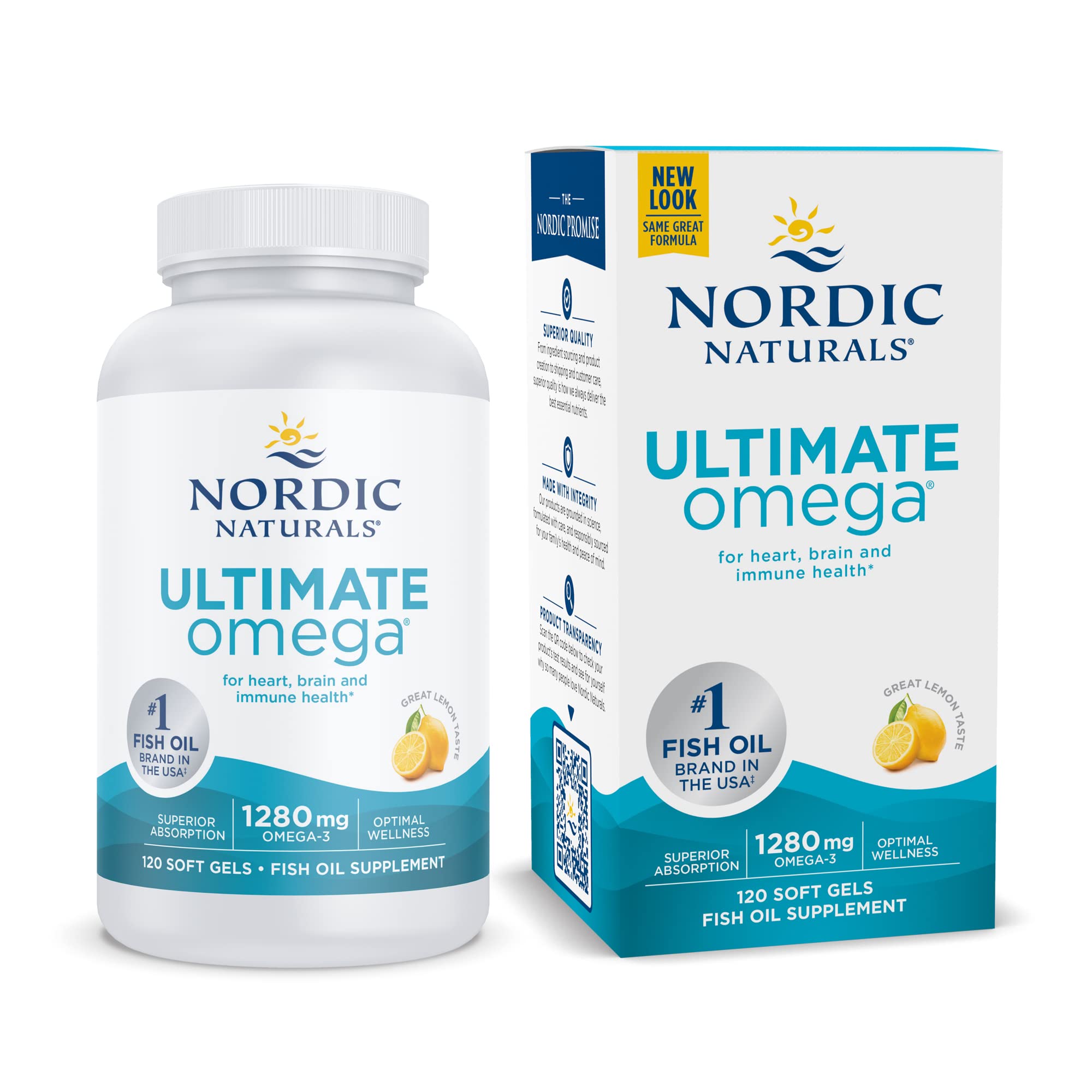Nordic Naturals Ultimate Omega, Lemon Flavor - 1280 mg Omega-3-120 Soft Gels - High-Potency Omega-3 Fish Oil Supplement with EPA & DHA - Promotes Brain & Heart Health - Non-GMO - 60 Servings