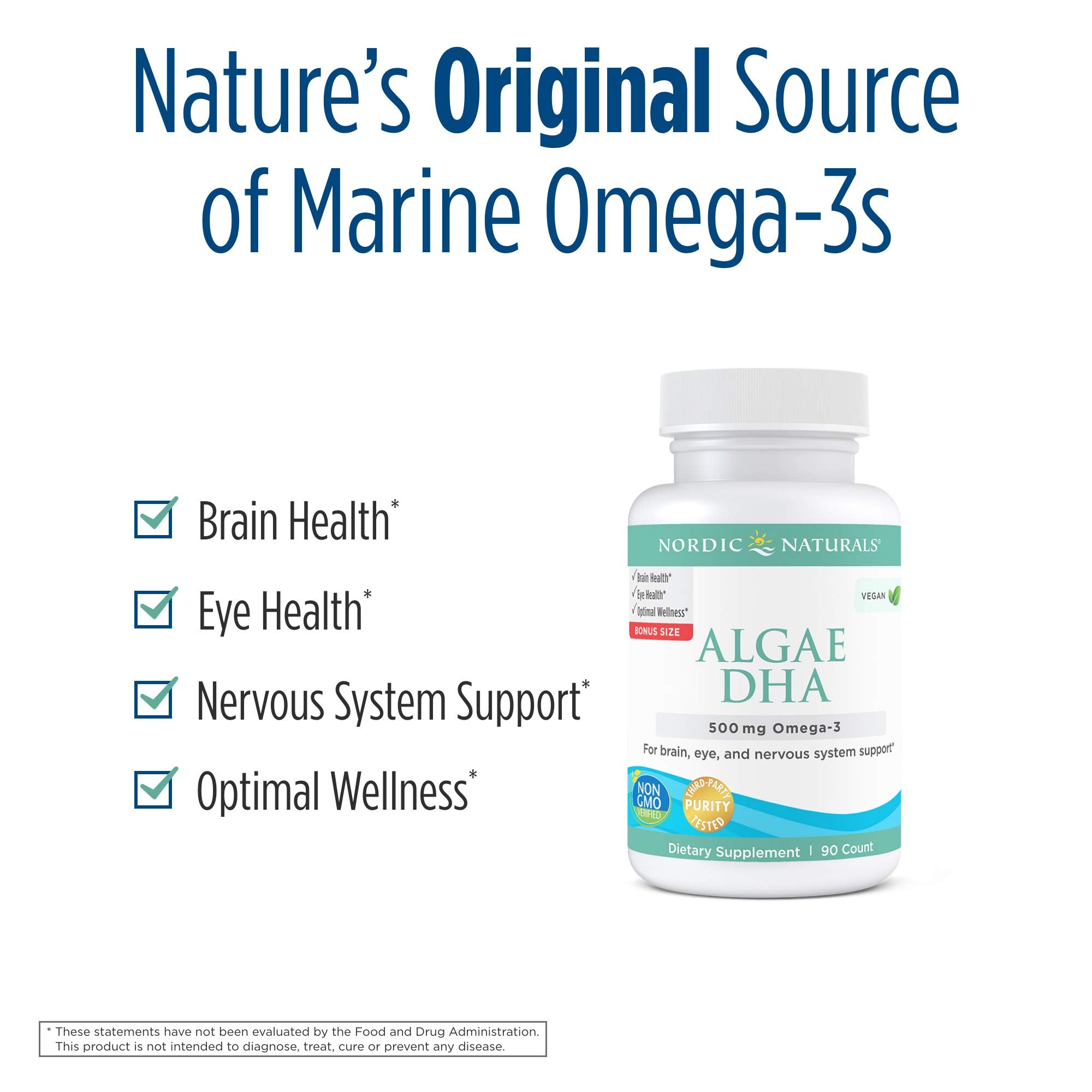 Nordic Naturals Algae DHA - 500 mg Omega-3 DHA - 90 Soft Gels - Certified Vegan Algae Oil - Plant-Based DHA - Brain, Eye & Nervous System Support - Non-GMO - 45 Servings