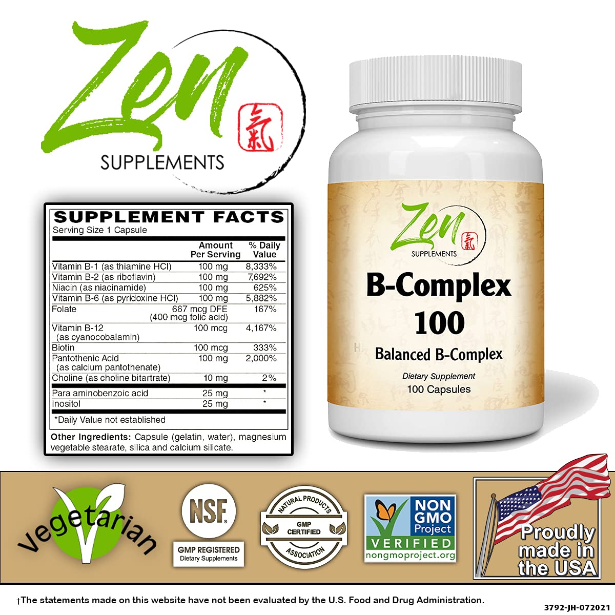 Zen Supplements - B-Complex 100 100-Caps - Support for Stress, Energy and Healthy Immune System - Heart Health & Nervous System Support - Supports Energy Metabolism