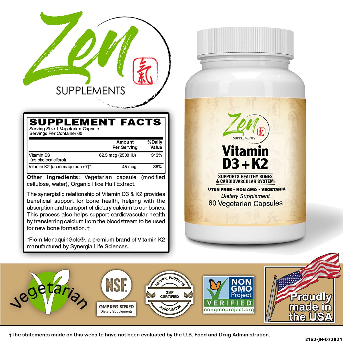 Zen Supplements - Vitamin D-3 + K-2 (MK-7) 60-Caps - Supports Bone Health & Density - Support for Healthy Cardiovascular System, Heart & Arteries
