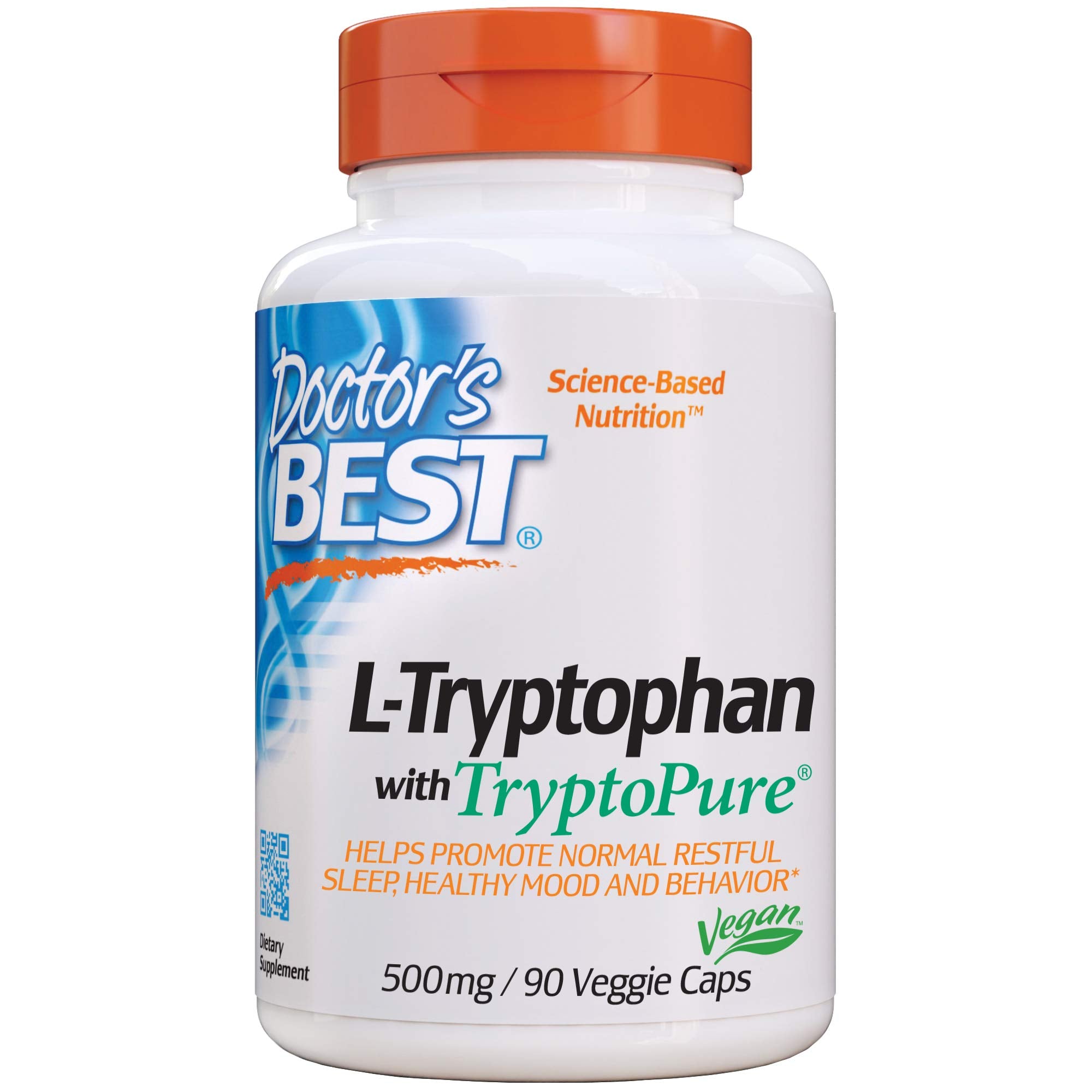 Doctor's Best L-Tryptophan from Tryptopure, Helps Sleep, Healthy Mood & Behavior, Non-GMO, Vegan, Gluten Free, Soy Free, 90 Veggie Caps