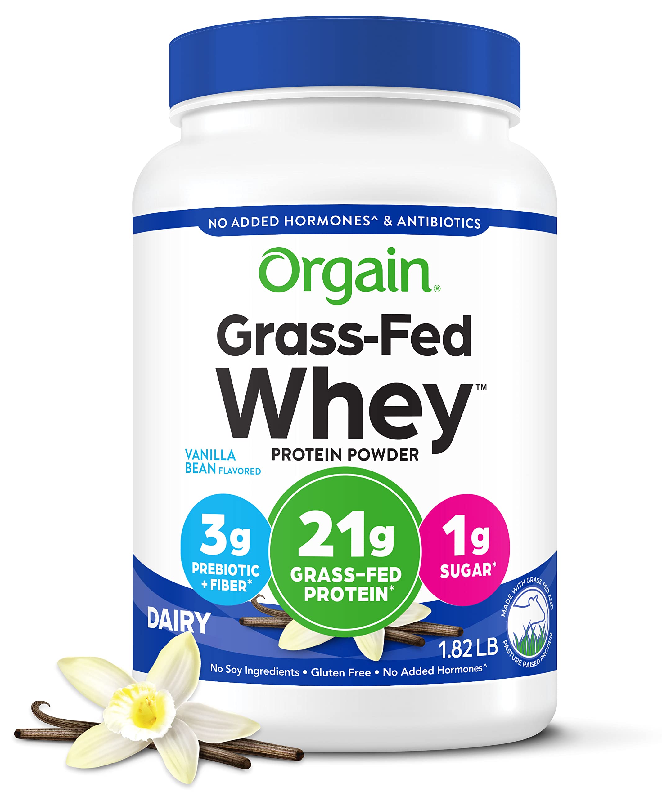 Orgain Grass Fed Clean Whey Protein Powder, Vanilla Bean - Low Net Carbs, Gluten Free, Soy Free, No Sugar Added, Kosher, Non-GMO, 1.82 Pound (Packaging May Vary)