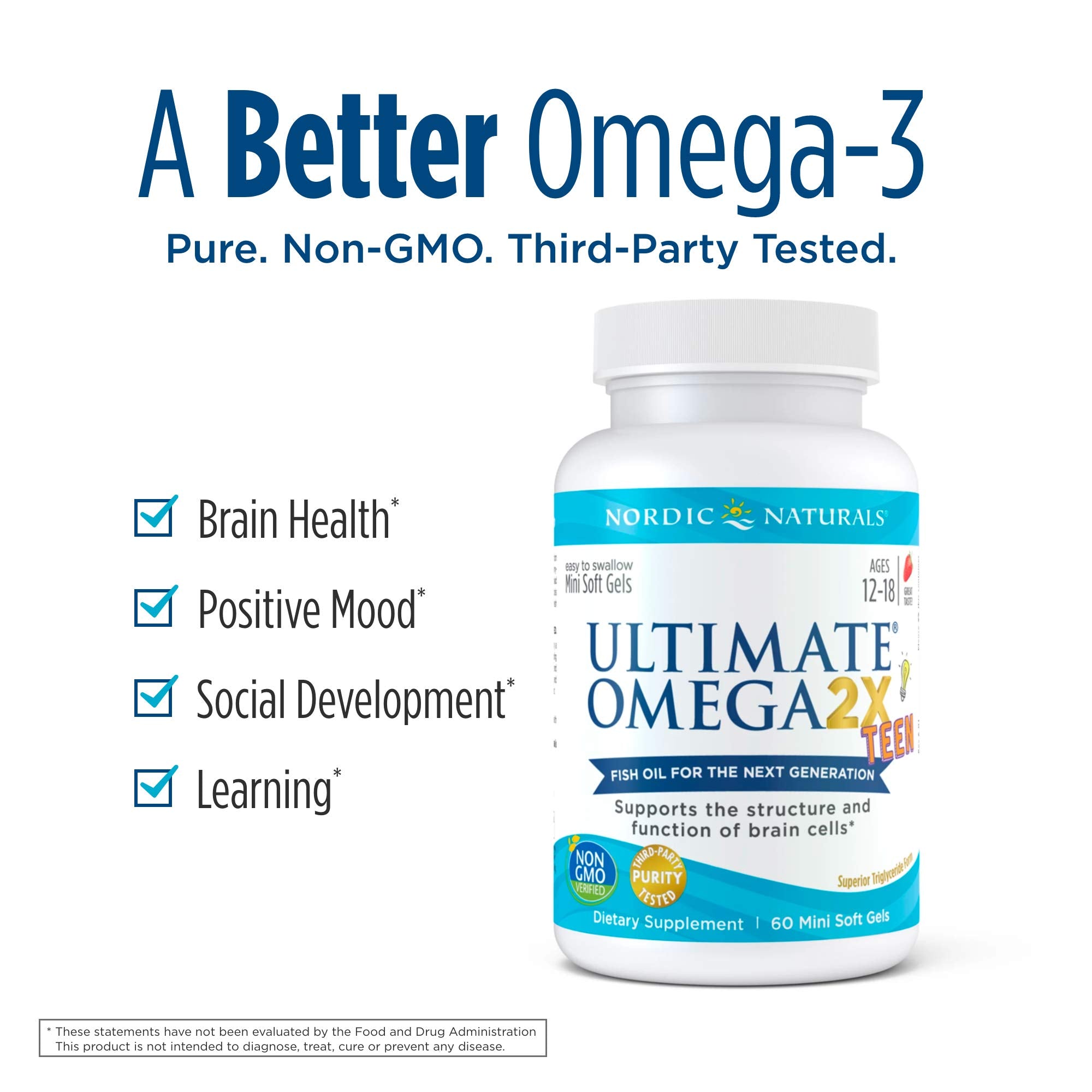 Nordic Naturals Ultimate Omega 2x Teen - Nordic Naturals Omega 3 Formula for Cognitive Development, Learning and Mood in Teenagers, Soft Gels - 60 Count