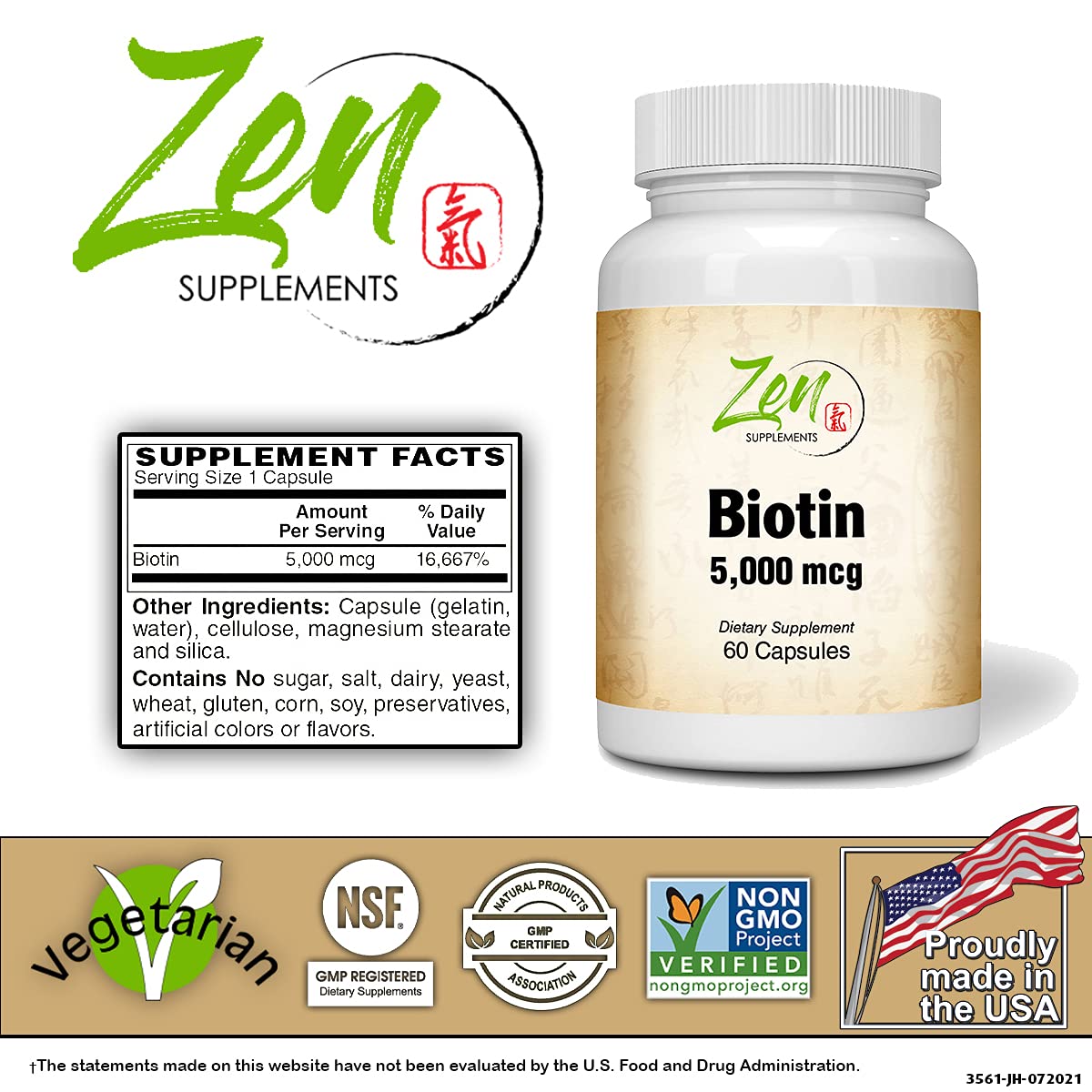 Zen Supplements - Biotin 5000 Mcg 60-Caps - Supports Healthy Hair, Skin & Nails in Individuals w/ Biotin Deficiency - May Provide for Hair Growth