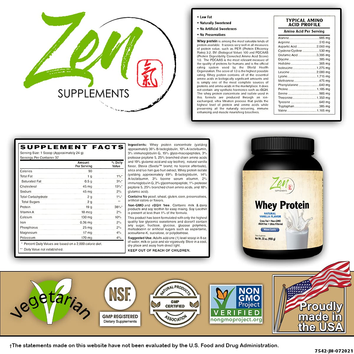 Zen Supplements - Organic Grass Fed Whey Protein 19g Per Serving Keto Friendly - Vanilla 32 Oz-Powder