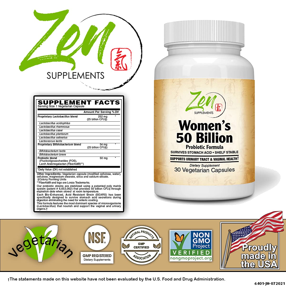 Zen Supplements - Womens 50 Billion Probiotic Formula - Supports Urinary and Vaginal Health with Lactobacilli & Bifado Blended Strains Survives Stomach Acid, Shelf Stable 30-Vegcaps