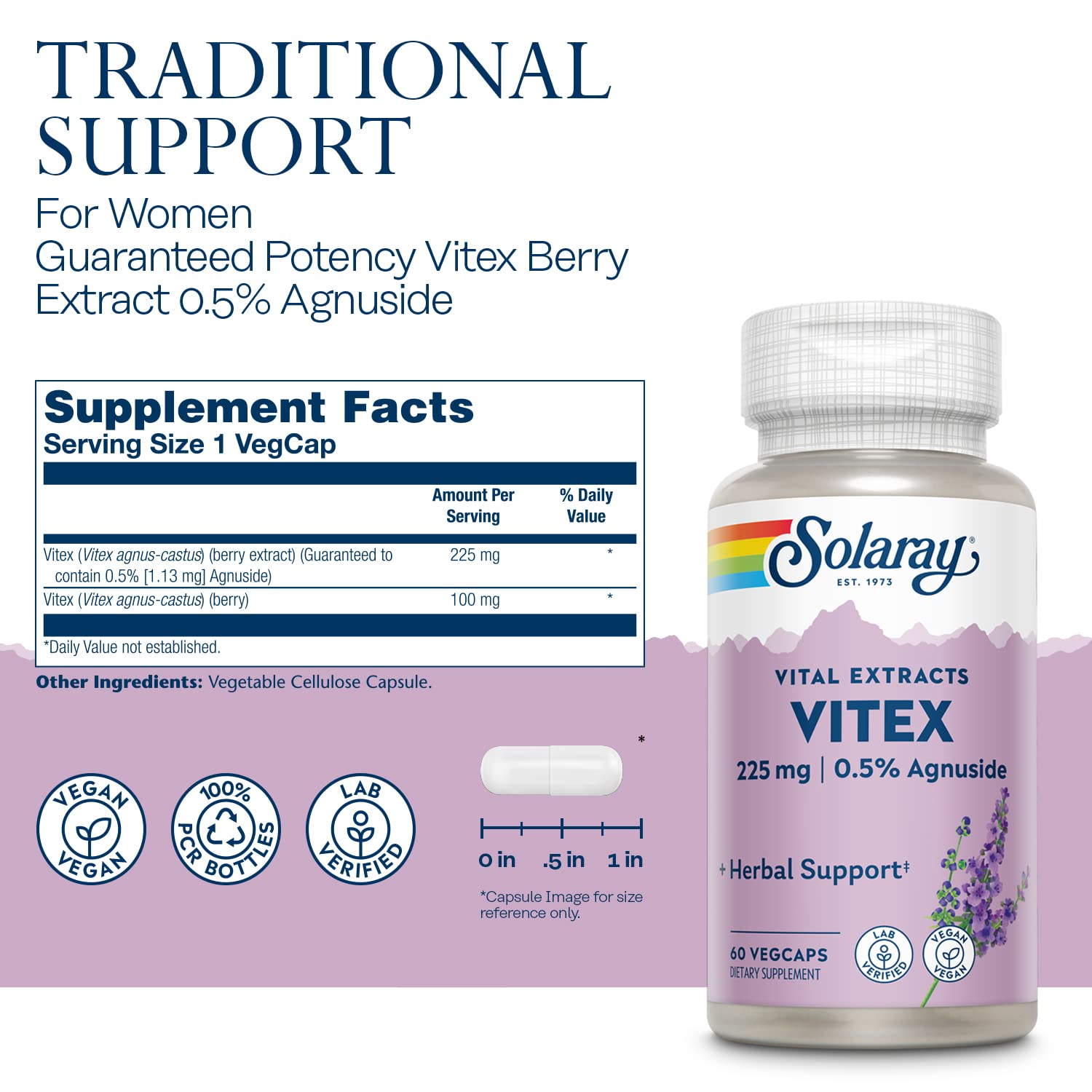 Solaray Vitex Chaste Berry Extract 225mg | Traditional Women's Health Support Supplement | Contains .5% Agnuside | Non-GMO | Vegan | 60 VegCaps