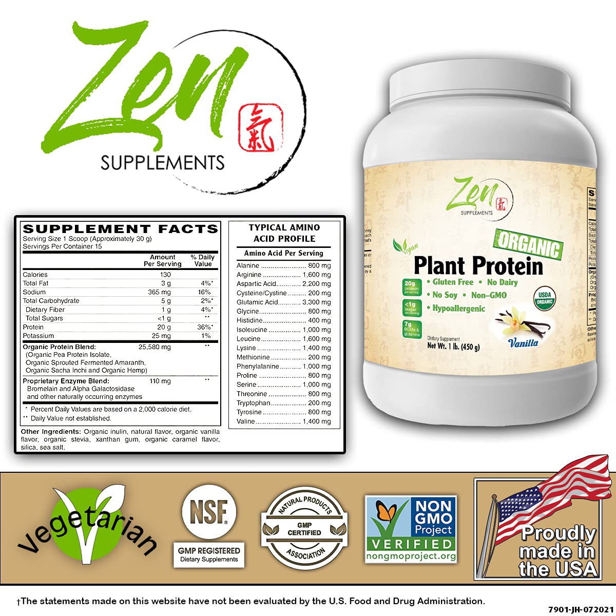 Zenium Zen Supplements - Organic Plant Protein Vanilla 1 LB-Powder - 25.5g of ...
