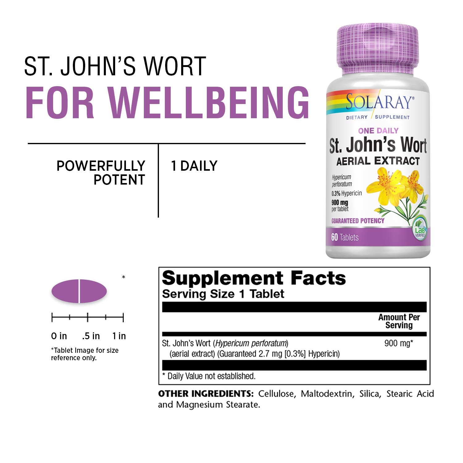 Solaray St. John's Wort Aerial Extract One Daily 900mg | Standardized w/ 0.3% Hypericin for Mood Stability & Brain Health Support | Non-GMO | 60 Ct