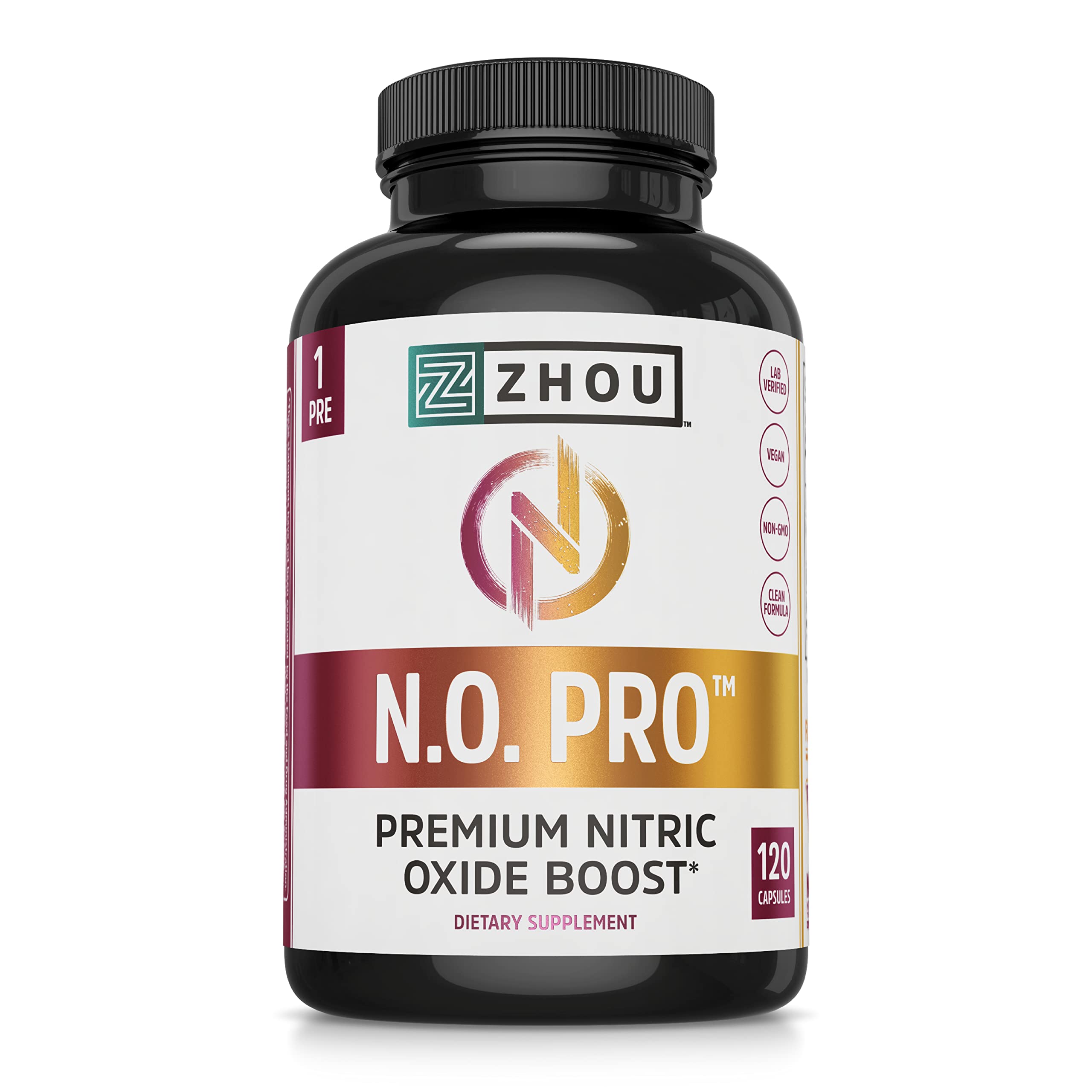 Zhou Nutrition Nitric Oxide Supplement with L Arginine, Citrulline Malate, AAKG and Beet Root - Powerful N.O. Booster and Muscle Builder for Strength, Blood Flow and Endurance - 120 Veggie Capsules.