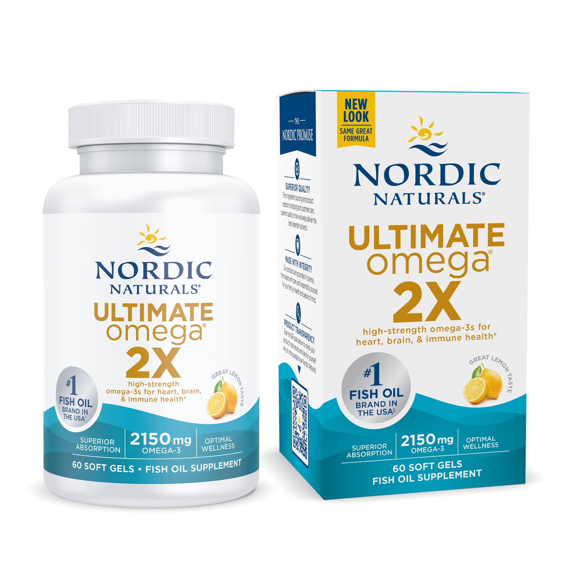 Nordic Naturals Ultimate Omega 2X, Lemon Flavor - 2150 mg Omega-3-60 Soft Gels - High-Potency Omega-3 Fish Oil with EPA & DHA - Promotes Brain & Heart Health - Non-GMO - 30 Servings