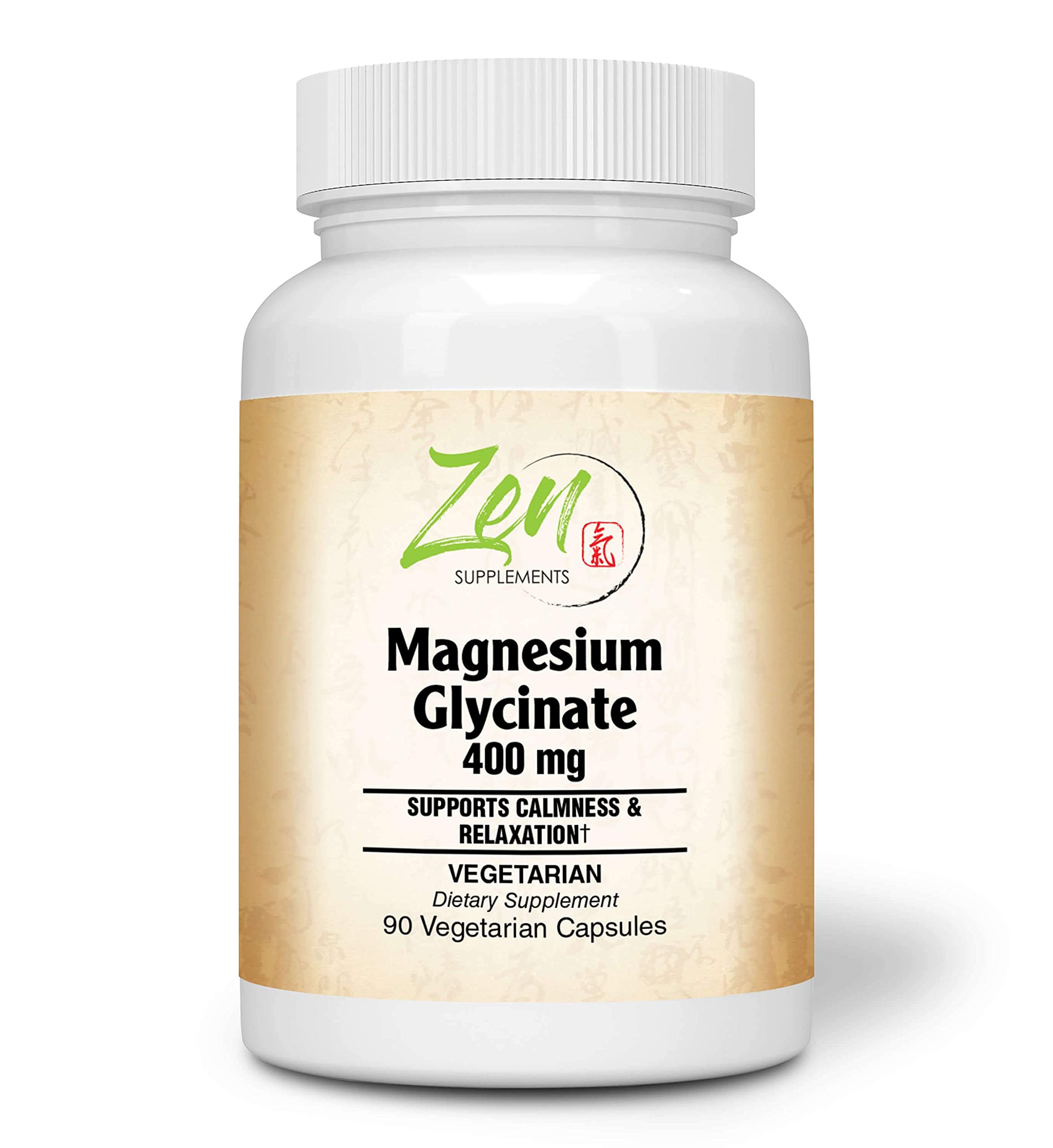 Zen Supplements - Magnesium Glycinate 400Mg - Promotes Calmness & Sleep Quality, Support for Muscle Cramps & Soreness, Heart & Blood Pressure Functions & Blood Sugar Balance 90-Vegcaps