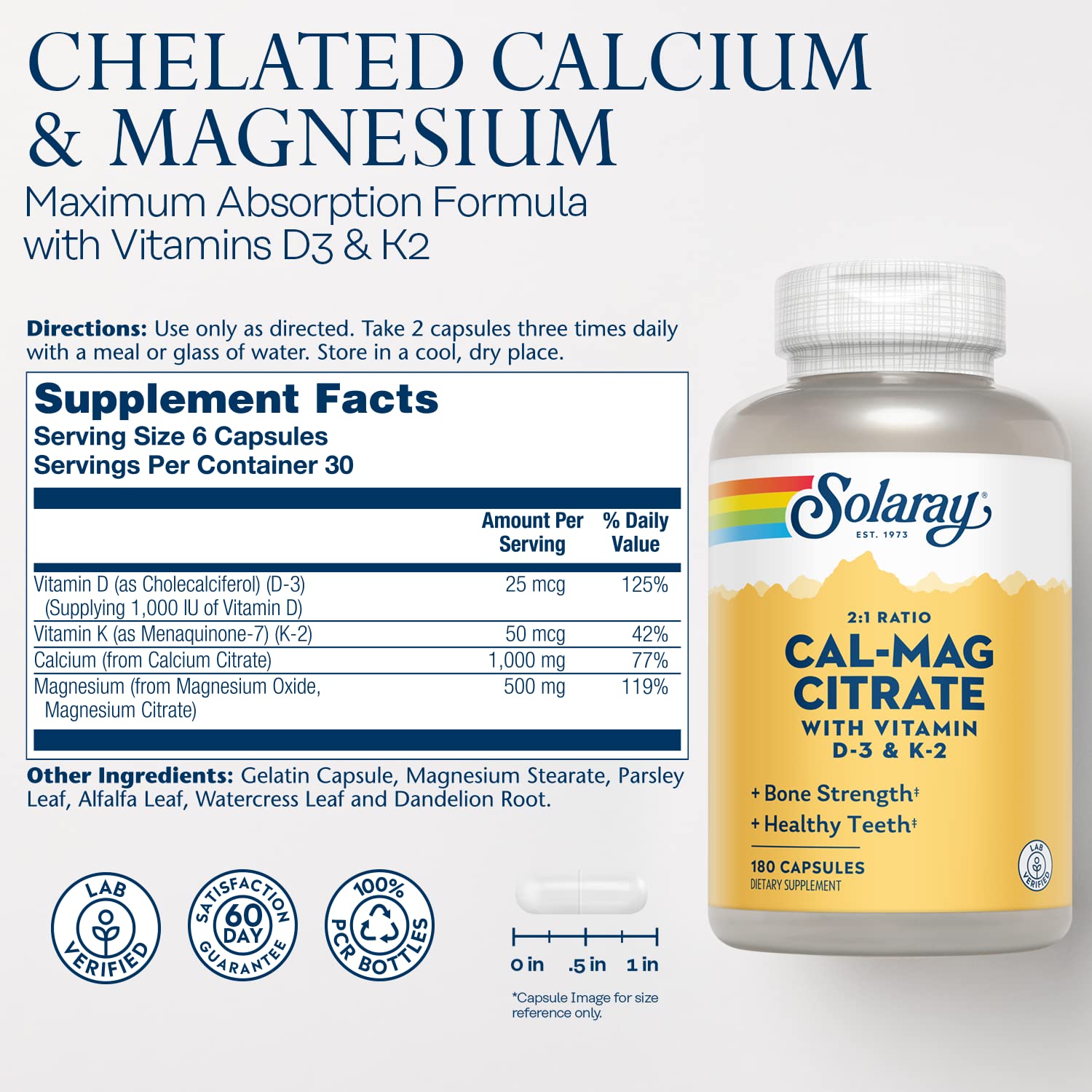 Solaray Calcium & Magnesium Citrate with Vitamins D-3 & K-2 2:1 Ratio 180ct Capsule