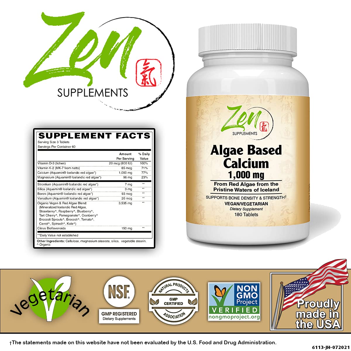 Algae Based Calcium 1,000Mg Icelandic Red Algae 180 Tabs - Plant-Based Calcium Supplement with Magnesium, Boron, Vitamin K2 + D3 - Increases Bone Strength - All Natural Ingredients to be Highly Absorbable