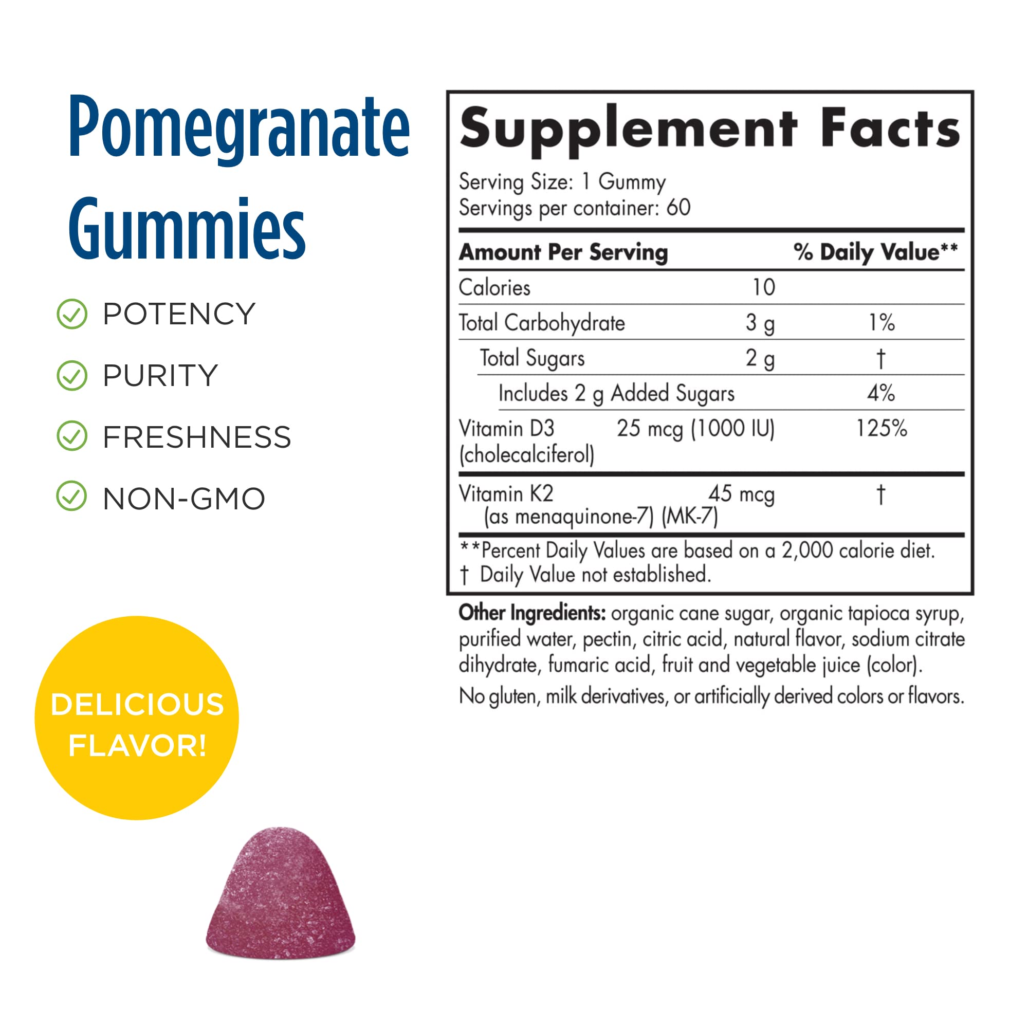 Nordic Naturals Vitamin D3 Plus K2 Gummies - Vitamin D3 from Natural Cholecalciferol for Optimal Calcium Absorption With Vitamin K2, Supports Formation of Healthy Bones, Pomegranate Flavor, 60 Count