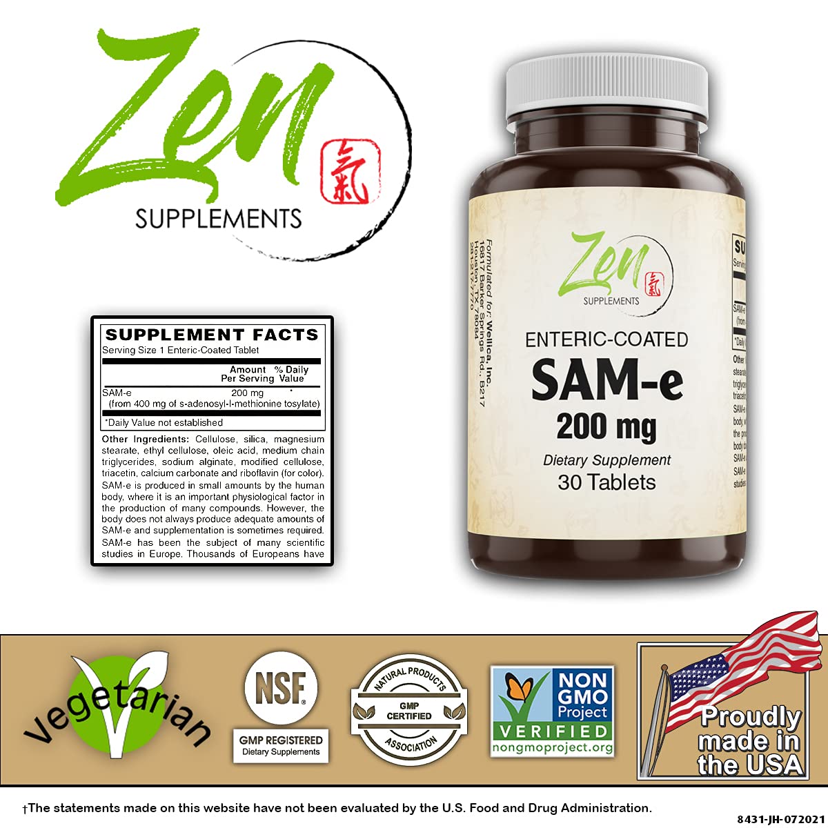 Zen Supplements - SAM-E 200 Mg - Promotes Positive Mood & Brain Function and Joint Comfort & Strength. (S-Adenosyl-L-Methionine) Nervous System Support 30-Tabs