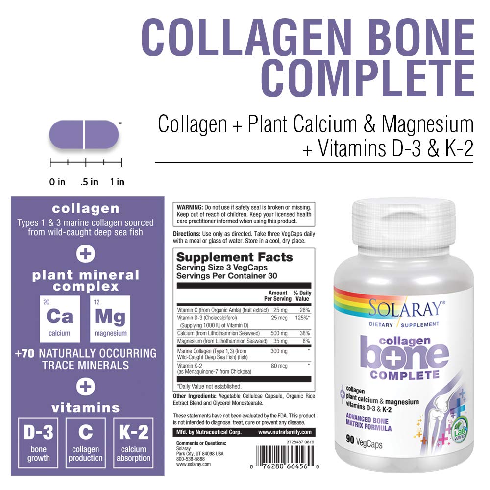 Solaray Collagen Bone Complete | Advanced Bone Matrix Formula with Plant Calcium & Magnesium | 30 Servings | 90 VegCaps