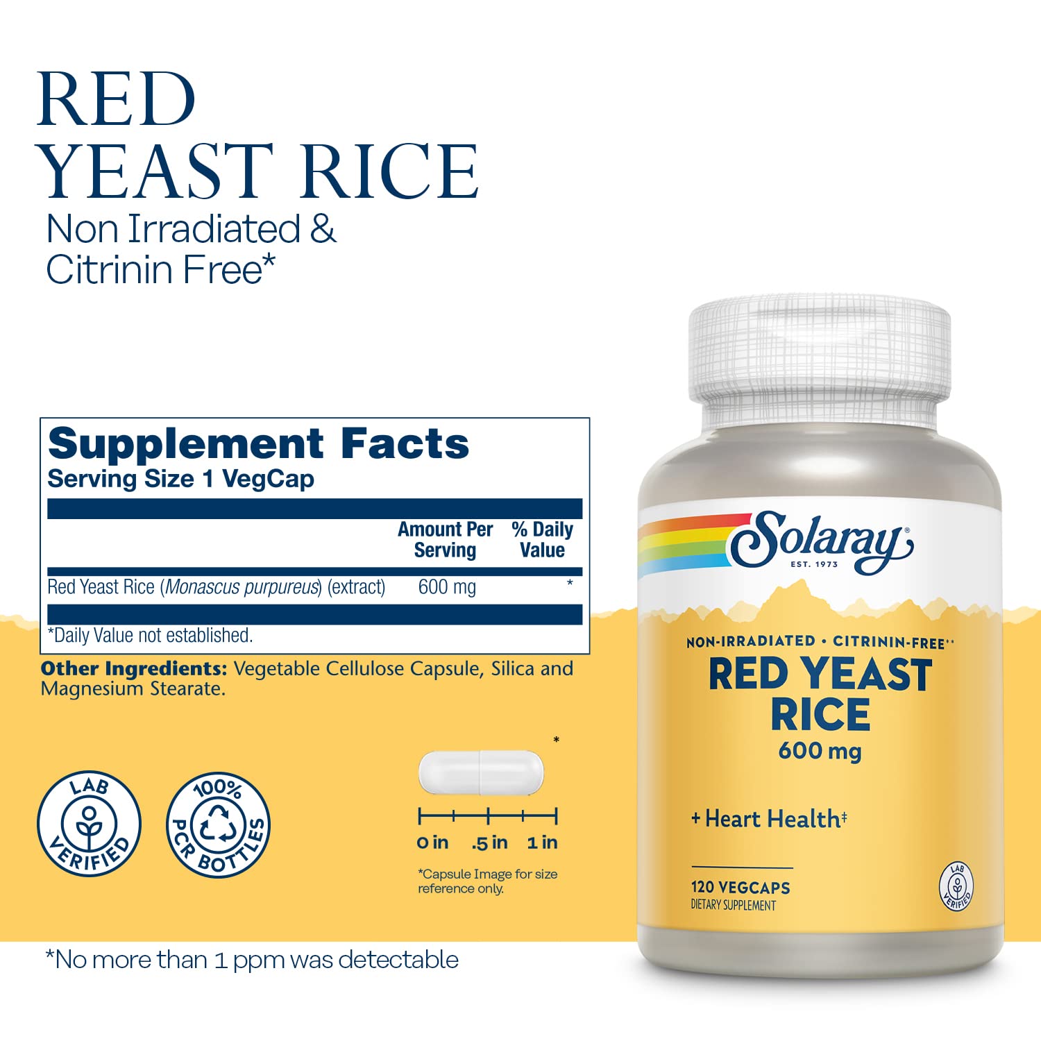 Solaray Red Yeast Rice 600mg | Healthy Heart & Cardiovascular System Support | Non-Irradiated & No Citrinin | Lab Verified | 120 VegCaps