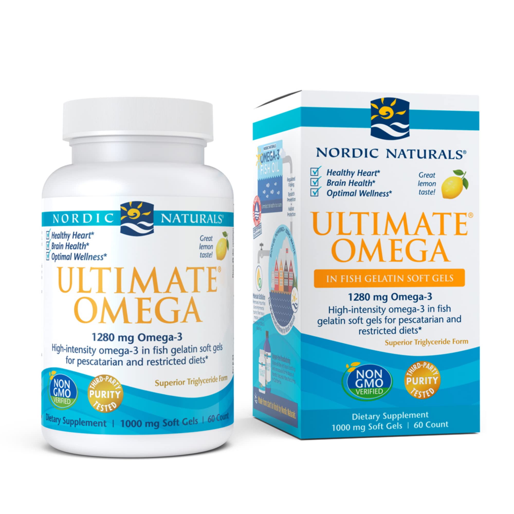 Nordic Naturals Ultimate Omega in Fish Gelatin, Lemon Flavor - 1280 mg Omega-3-60 Soft Gels - High-Potency Fish Oil Supplement - EPA & DHA - Promotes Brain & Heart Health - Non-GMO - 30 Servings