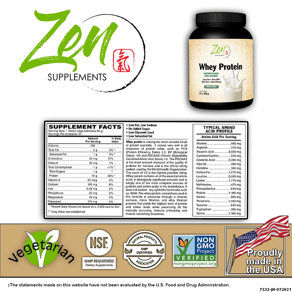 Zen Supplements - Organic Grass Fed Whey Protein 19g Per Serving Keto Friendly - Unflavored 32 Oz-Powder