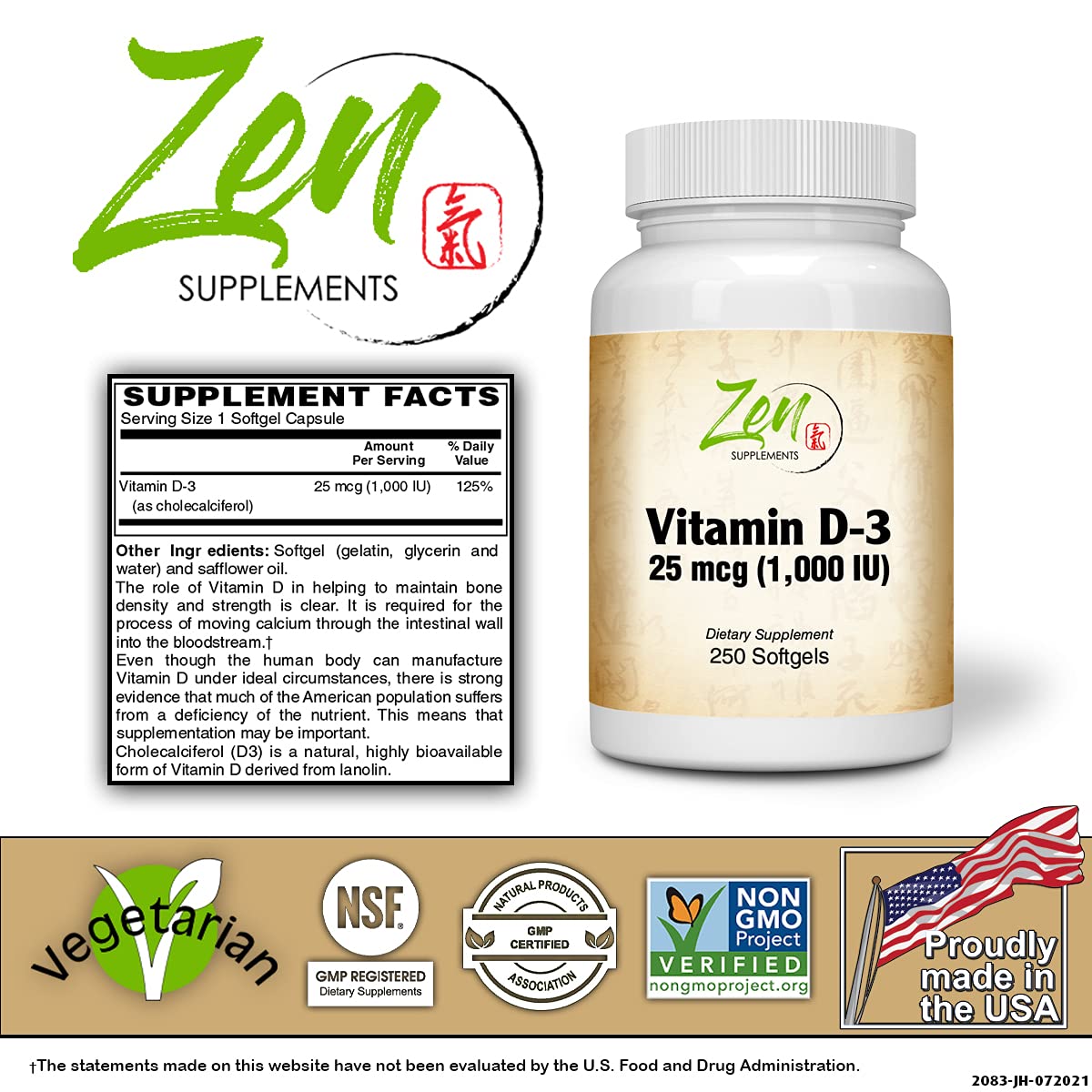 Zen Supplements - Vitamin D-3 1,000 IU 250-Softgel - Supports Healthy Muscle Function, Bone Health & Immune Support
