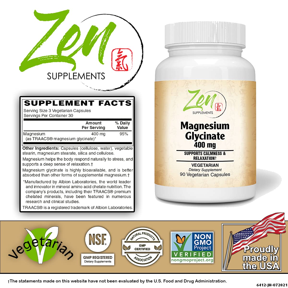 Zen Supplements - Magnesium Glycinate 400Mg - Promotes Calmness & Sleep Quality, Support for Muscle Cramps & Soreness, Heart & Blood Pressure Functions & Blood Sugar Balance 90-Vegcaps