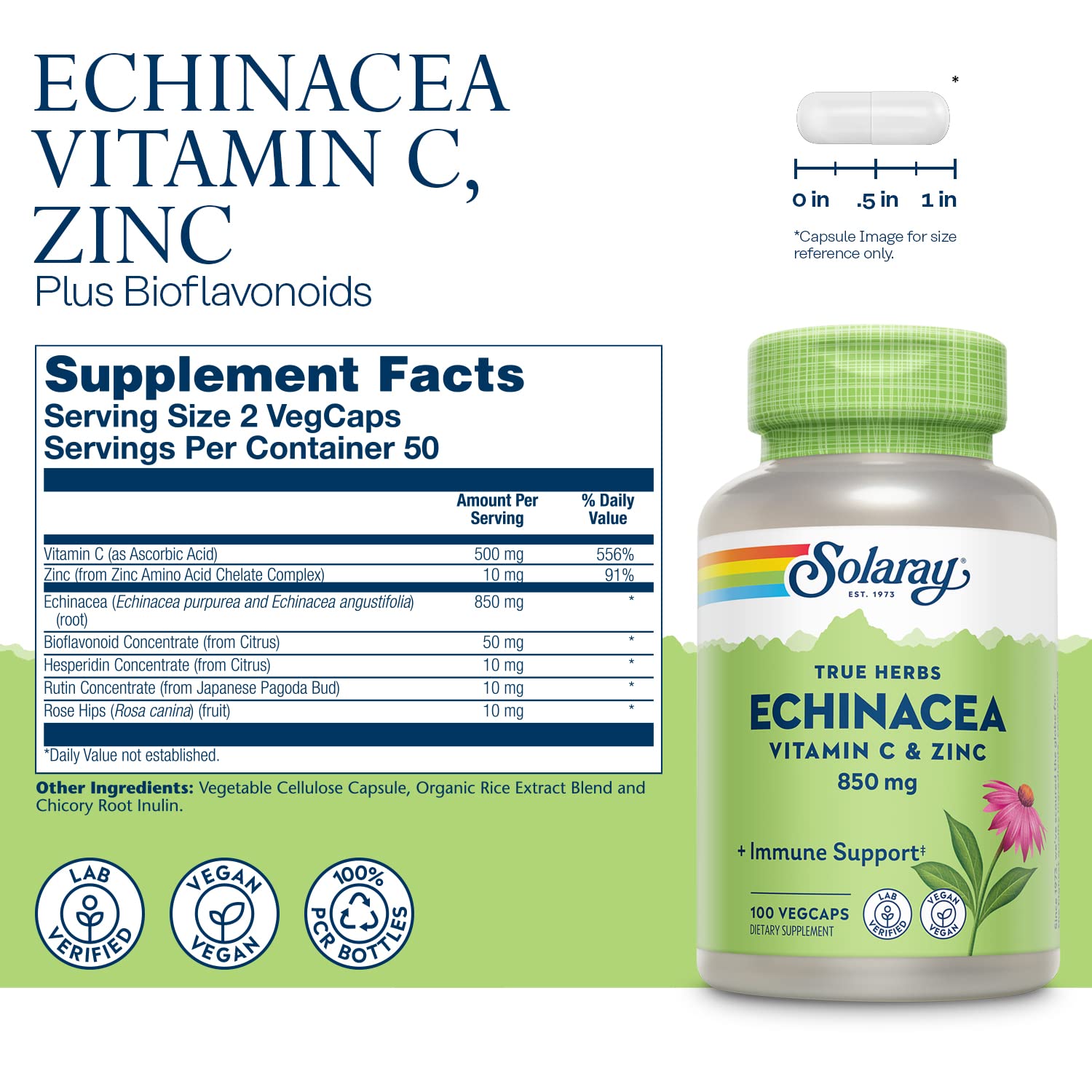 Solaray Echinacea with Vitamin C and Zinc Capsules, 425 mg, 100 Count