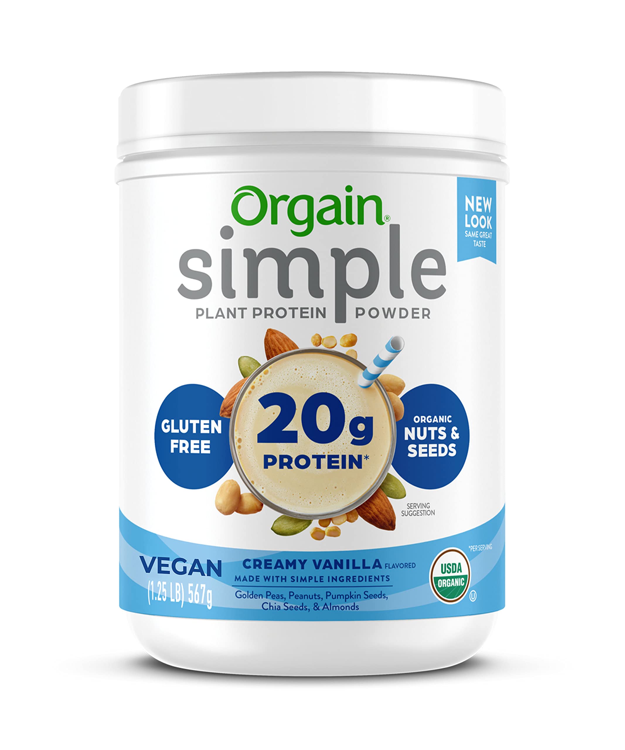 Orgain Simple Organic Plant Protein Powder, Vanilla - 20g Protein, Vegan, Dairy and Gluten Free, Stevia Free, Made with Fewer Ingredients, Kosher, Non-GMO, 1.25 Pound