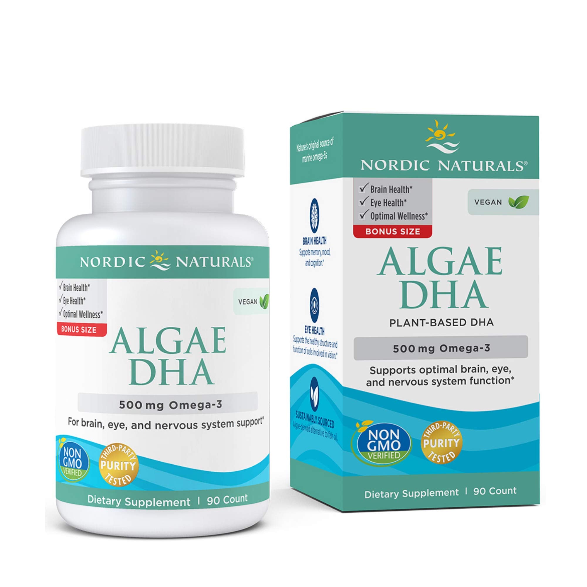 Nordic Naturals Algae DHA - 500 mg Omega-3 DHA - 90 Soft Gels - Certified Vegan Algae Oil - Plant-Based DHA - Brain, Eye & Nervous System Support - Non-GMO - 45 Servings