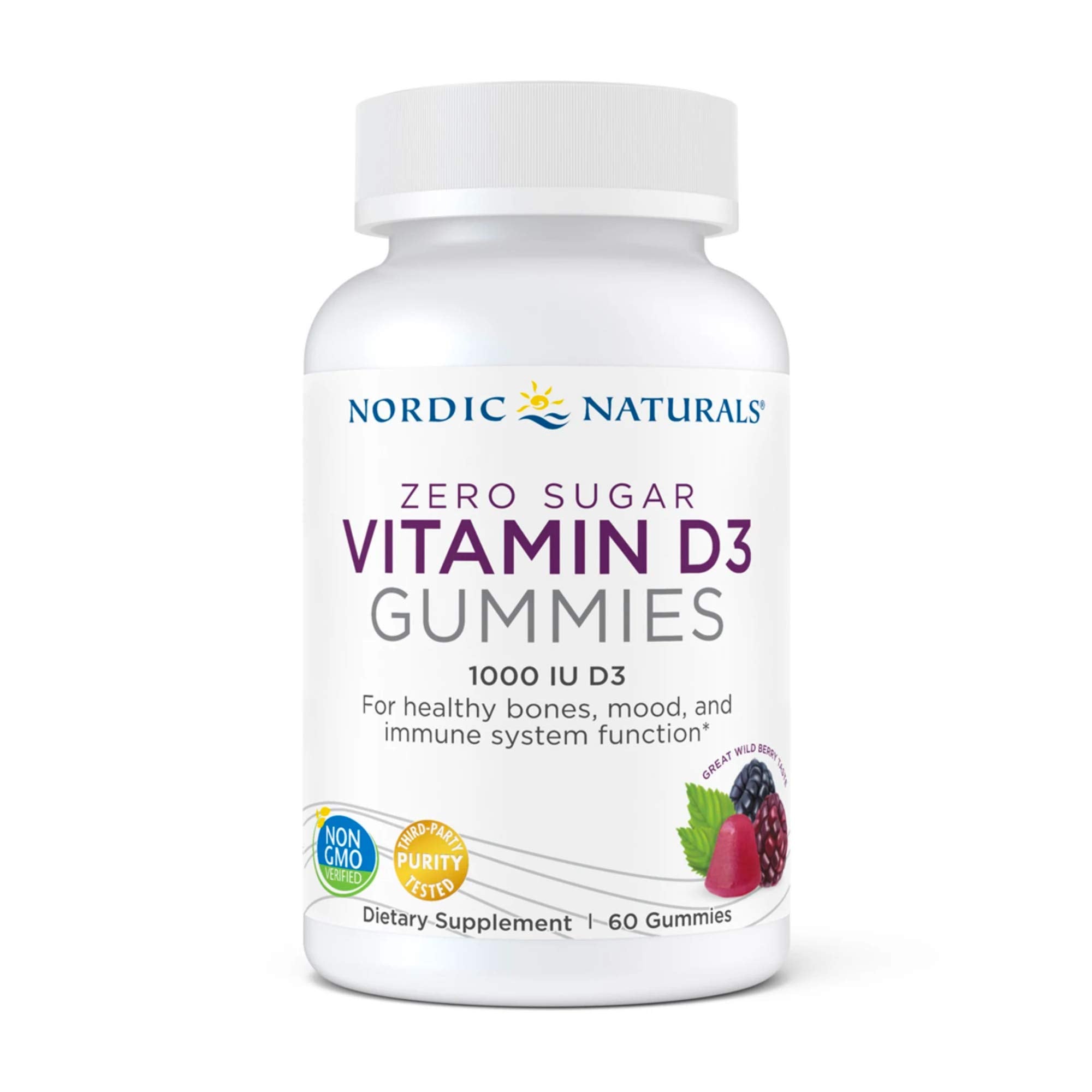 Nordic Naturals Zero Sugar Vitamin D3 Gummies, Wild Berry - 1000 IU Vitamin D3-60 Gummies - Great Taste - Healthy Bones, Mood & Immune System Function - Non-GMO - 60 Servings