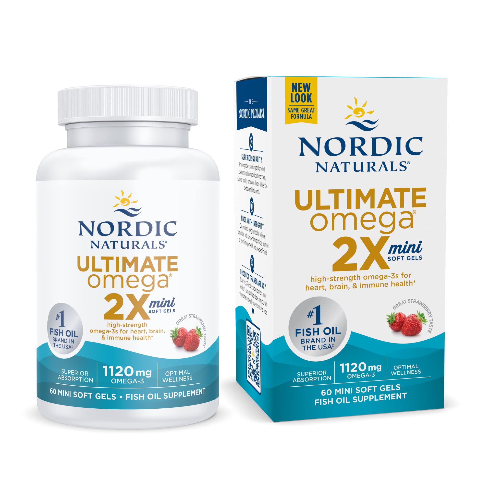Nordic Naturals Ultimate Omega 2X Mini, Strawberry Flavor - 1120 mg Omega-3 - 60 Mini Soft Gels - High-Potency Omega-3 Fish Oil Supplement - EPA & DHA - Promotes Brain & Heart Health - 30 Servings