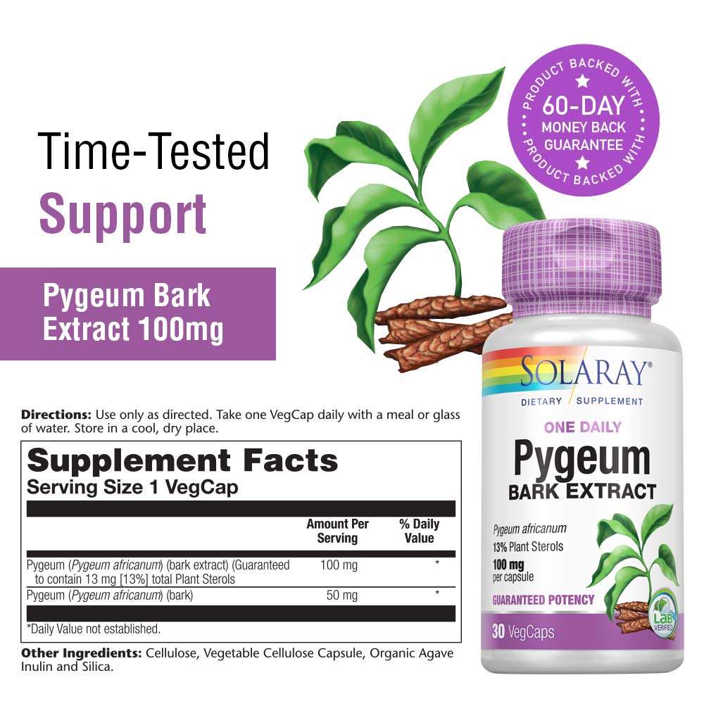 Solaray Pygeum Bark Extract, One Daily 100mg | Healthy Prostate Support | Contain 13 mg Total Plant Sterols | 30 VegCaps