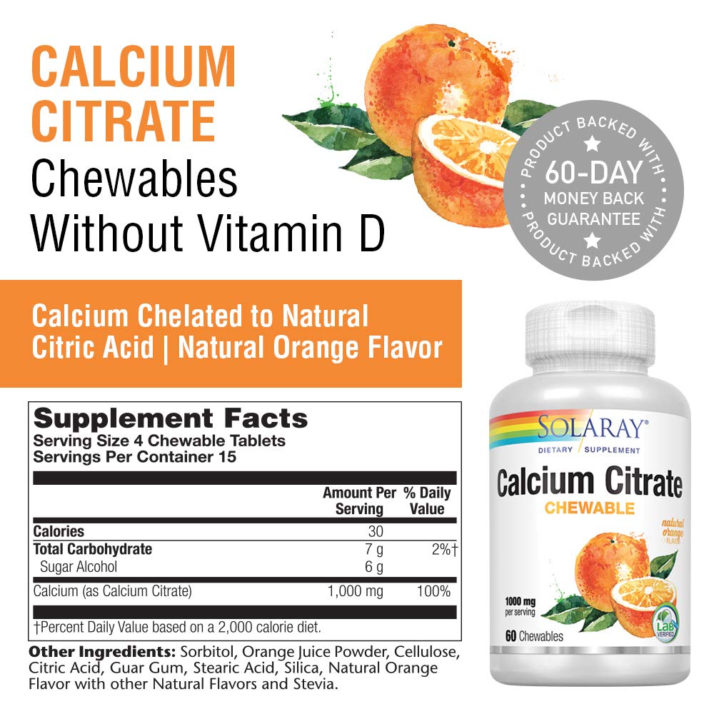 Solaray Calcium Citrate 1000mg | Natural Orange Flavor | Teeth & Bone Health, Nervous, Muscular & Cardiovascular System Support | Vegan | 60 Chewables
