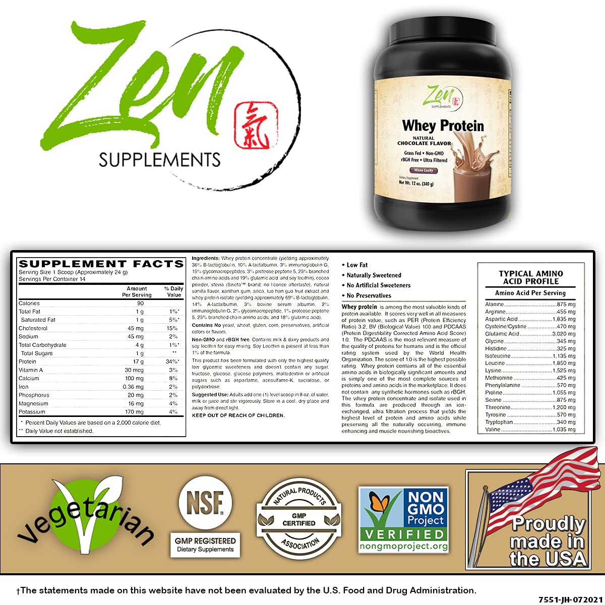 Zen Supplements - Organic Grass Fed Whey Protein 19g Per Serving Keto Friendly - Chocolate 12 Oz-Powder