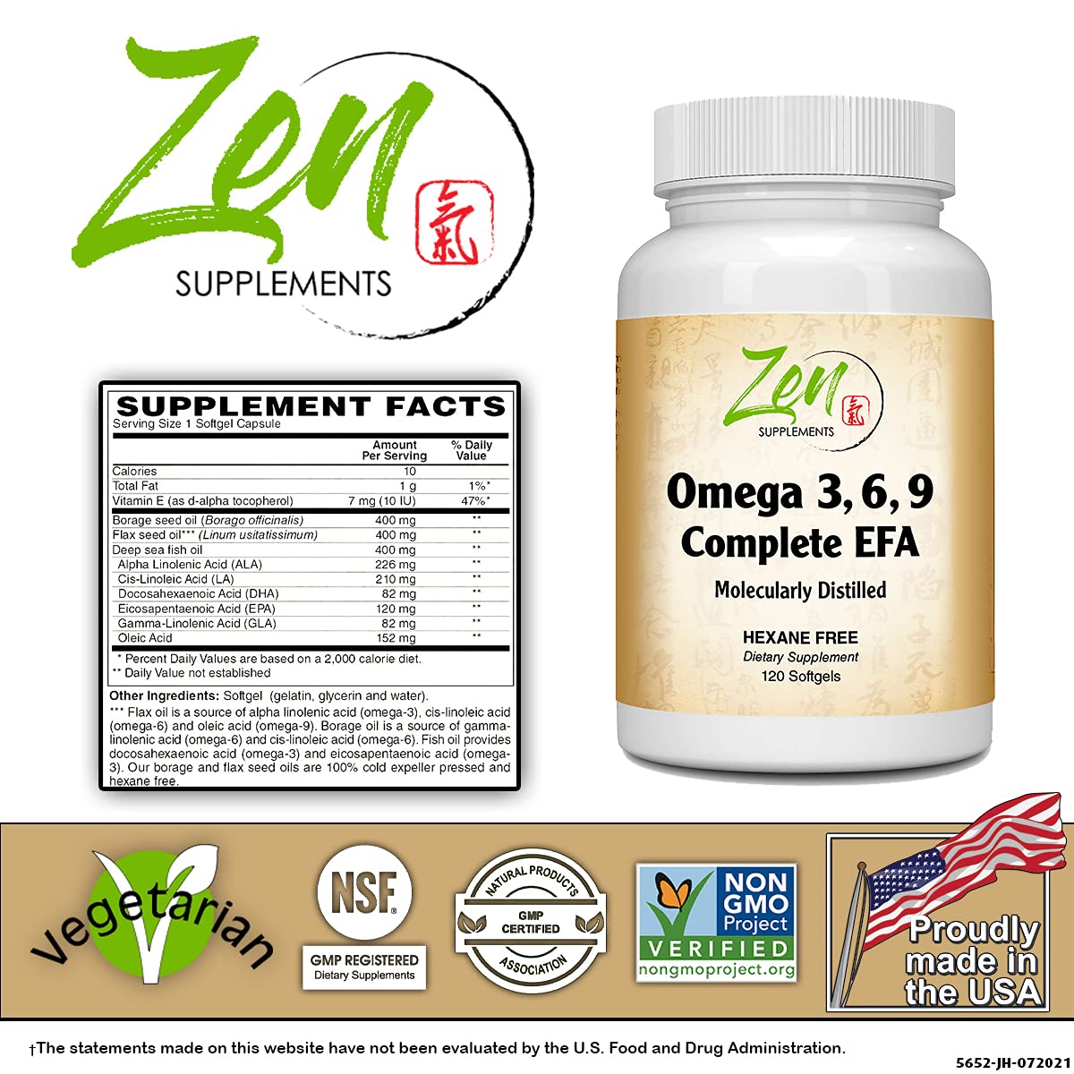 Zen Supplements - Omega Omega 3-6-9 - Sourced from Deep Sea Fish, Flax Seed & Borage Oils. Purified with Molecular Distillation - Supports Heart and Circulatory Health 120-Softgel