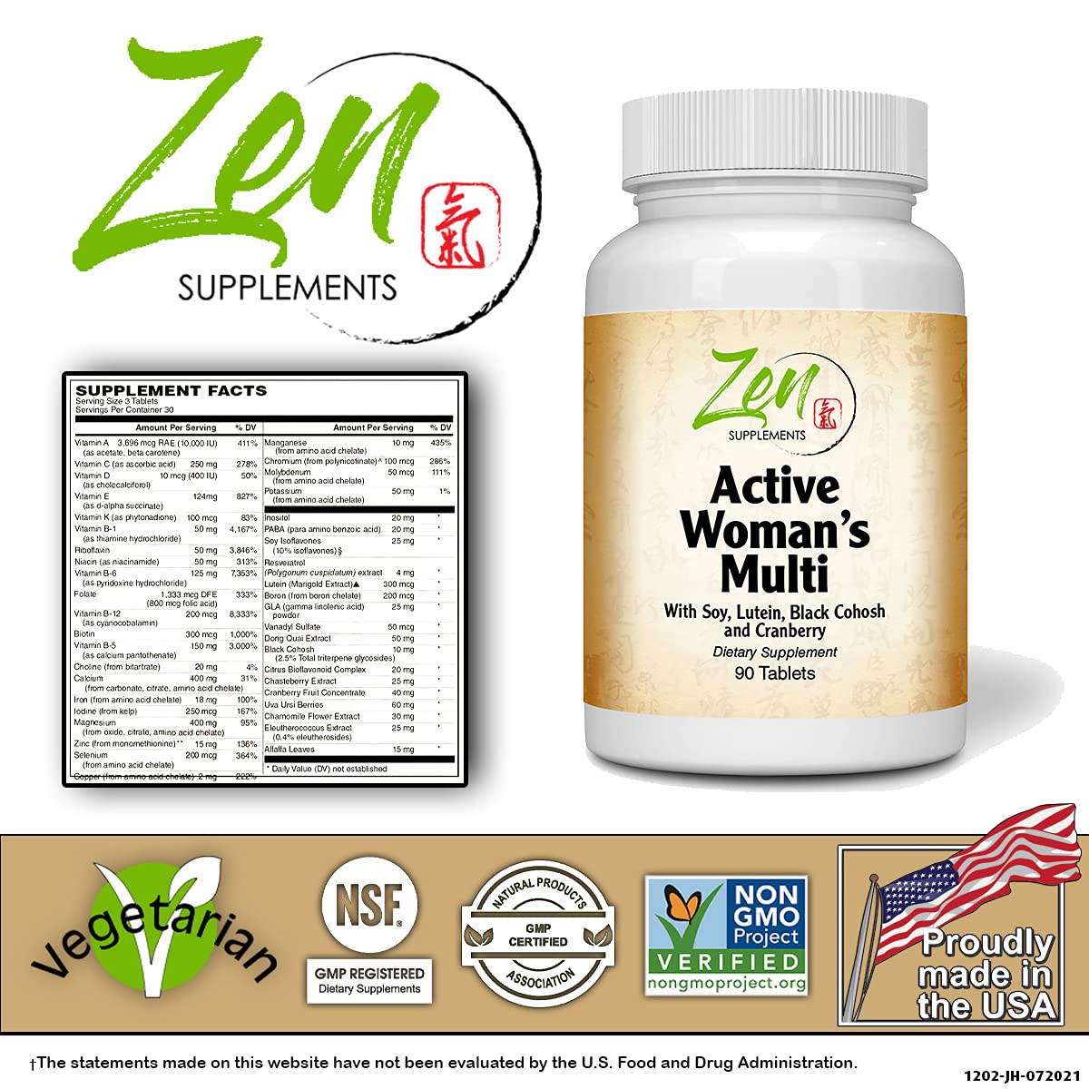 Zen Supplements - Active Woman’s Multi-Vitamin 90-Tabs - Women's Multivitamin & Multimineral with Botanicals & Herbs - Supports Immune Health & Sexual Wellness