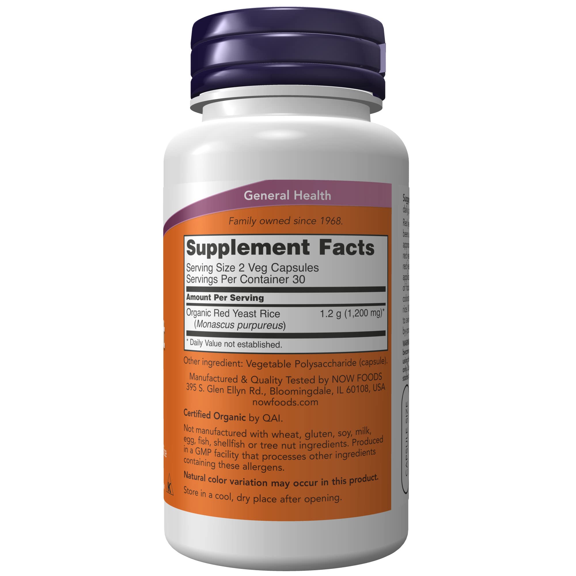 NOW Supplements, Red Yeast Rice 600 mg, Made with Organic Red Yeast Rice, 60 Veg Capsules