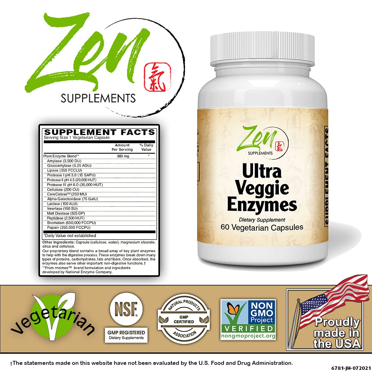 Zen Supplements - Ultra Veggie Enzymes for Vegetarians and Vegans - Promotes Digestion of Vegetables, Beans and Carbohydrates to Help Reduce Occasional Gas and Bloating 60-Vegcaps