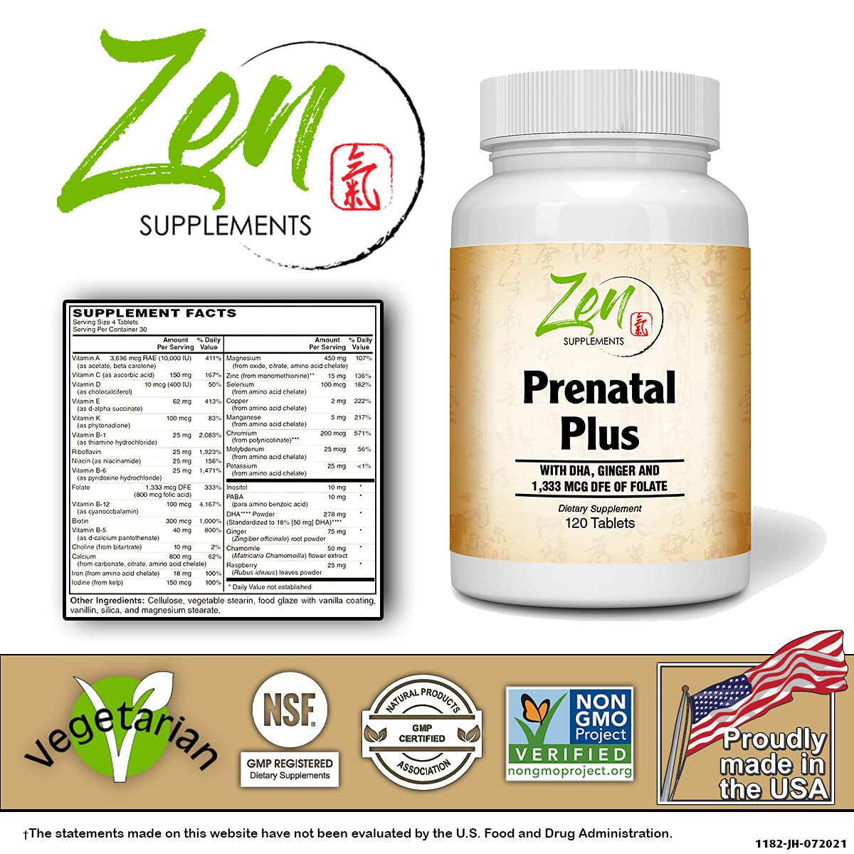 Zen Supplements - Prenatal Plus Multi-Vitamin 120-Tabs - Support for Pregnant & Lactating Women - Non-GMO, Vegetarian, take 4 Tablets Daily, 120 Tablets (30 Day Supply)