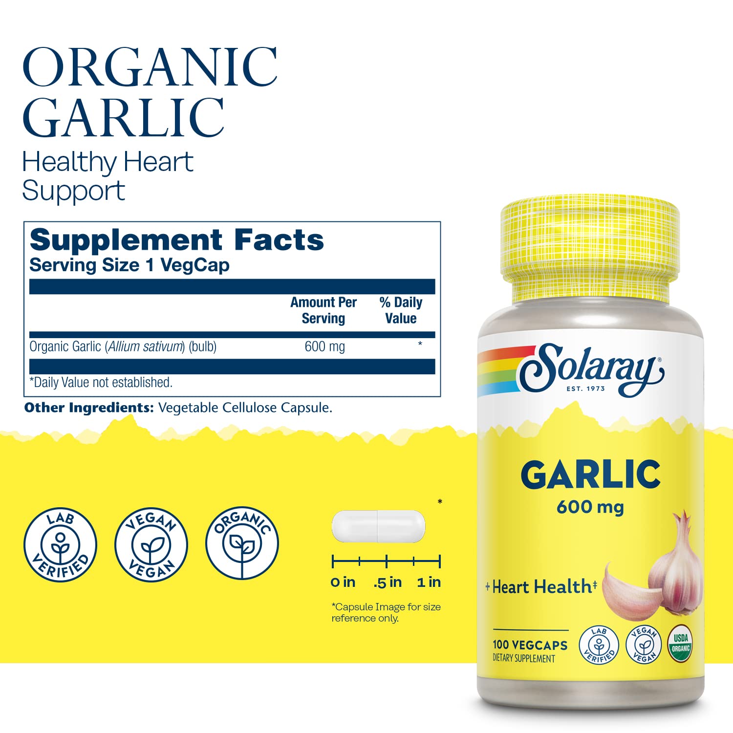 Solaray Garlic Bulb 600mg | Organically Grown | Healthy Immune, Circulatory & Cardiovascular Systems Support | Vegan & Non-GMO | 100 VegCaps