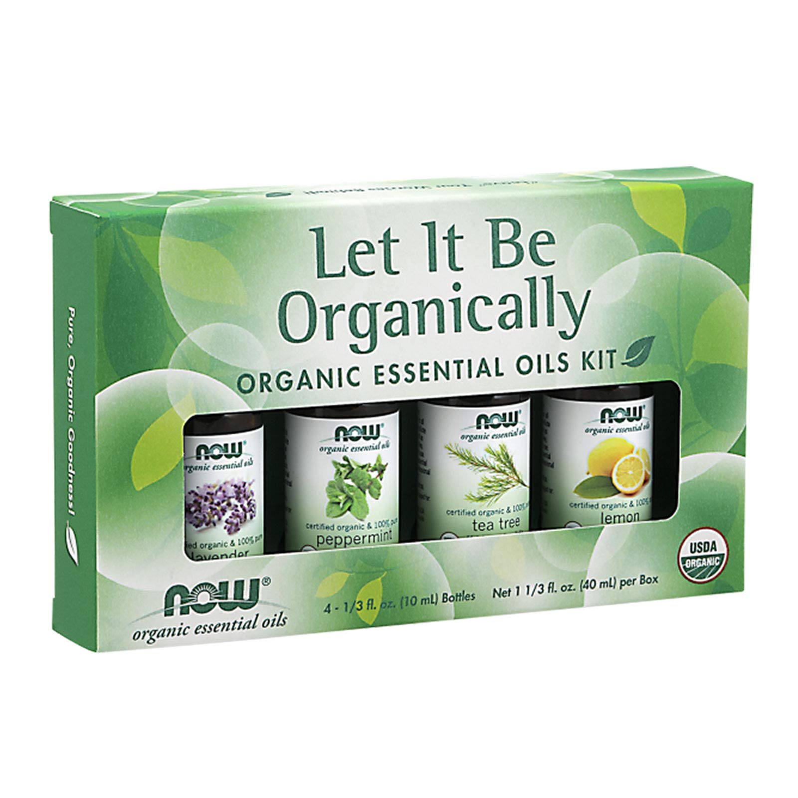 NOW Essential Oils, Let It Be Organically Kit, 4x10ml Including: Organic Lavender, Organic Tea Tree, Organic Peppermint and Organic Lemon Essential Oils With Child Resistant Caps