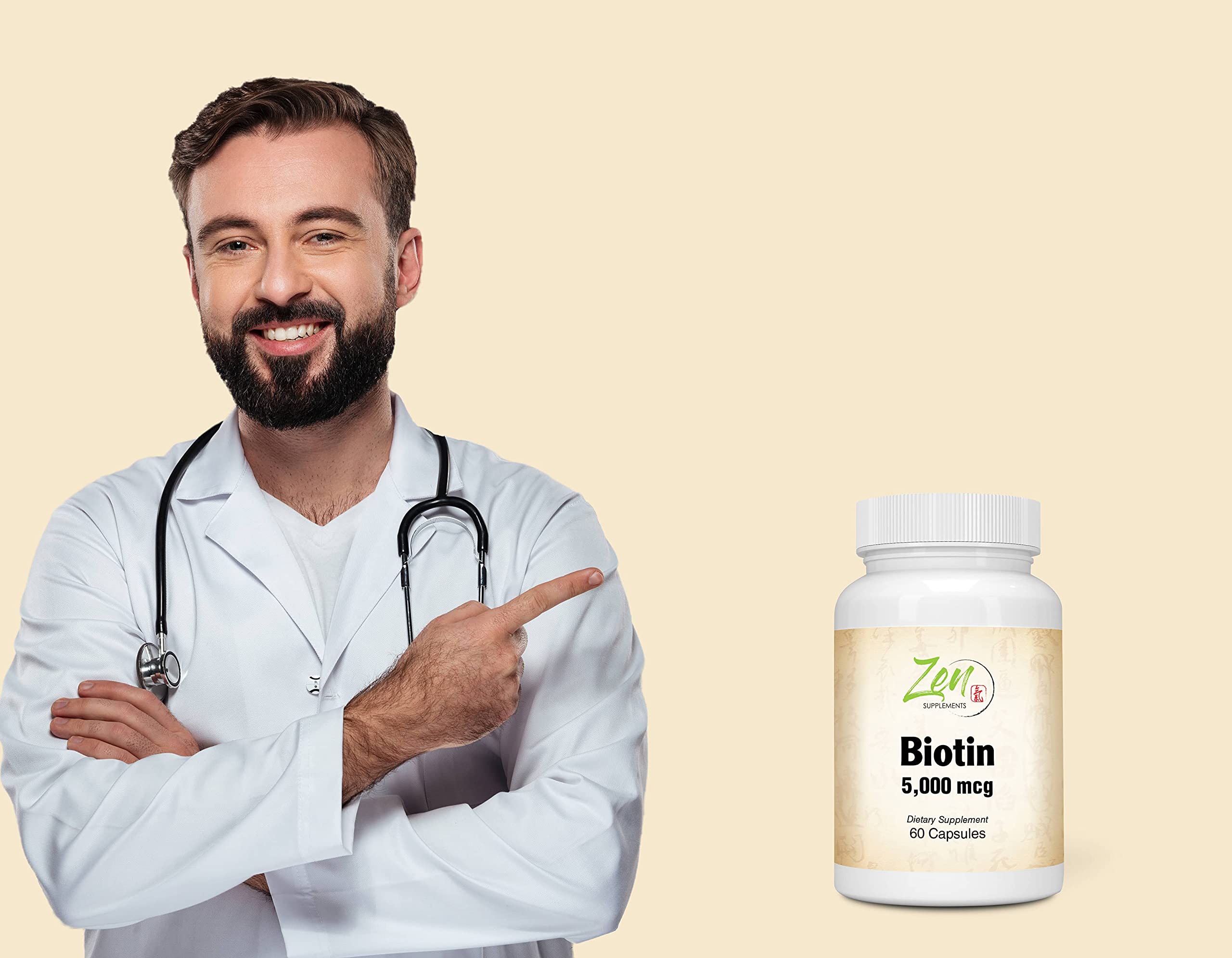 Zen Supplements - Biotin 5000 Mcg 60-Caps - Supports Healthy Hair, Skin & Nails in Individuals w/ Biotin Deficiency - May Provide for Hair Growth