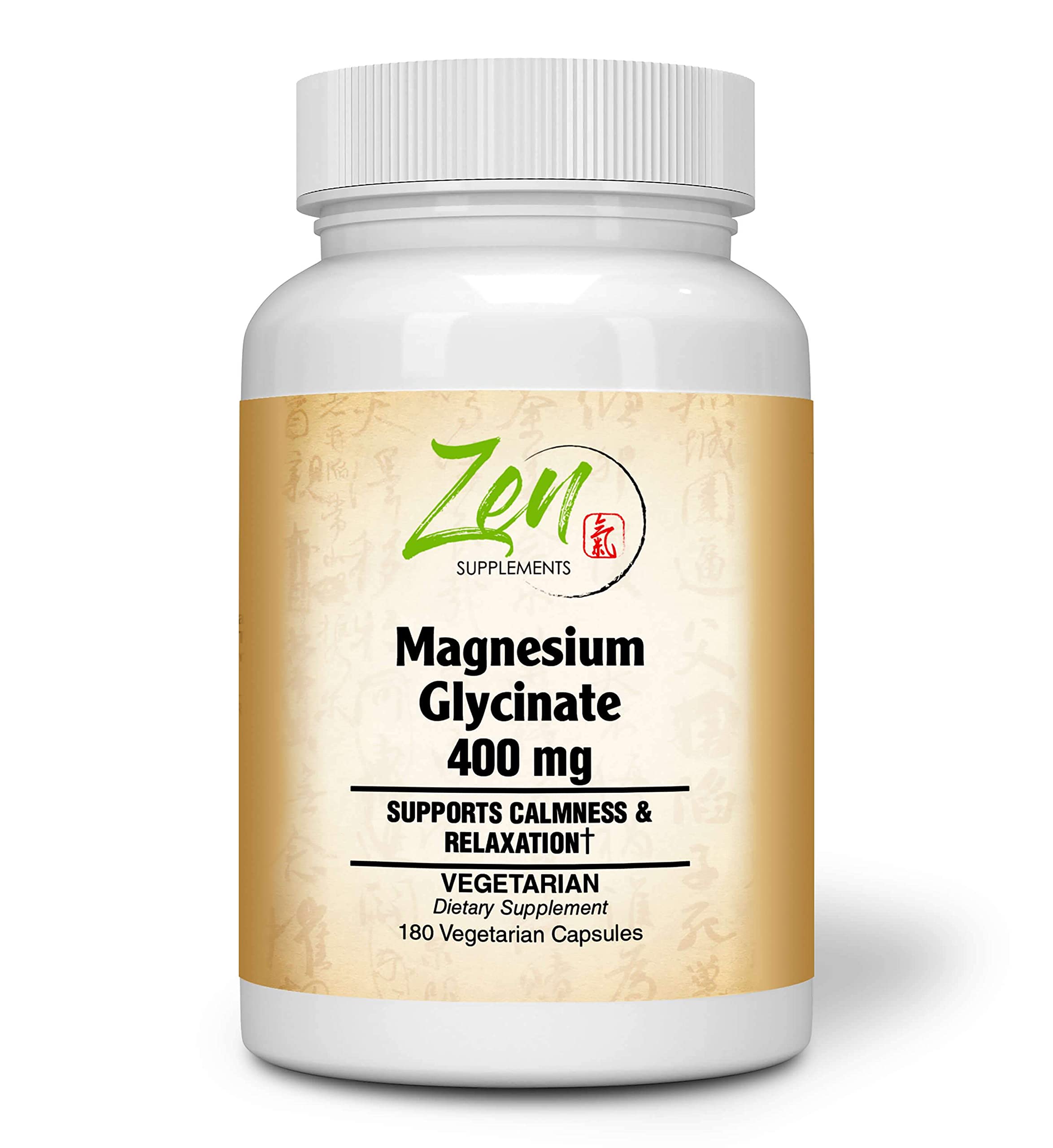 Zen Supplements - Magnesium Glycinate 400Mg - Promotes Calmness & Sleep Quality, Support for Muscle Cramps & Soreness, Heart & Blood Pressure Functions & Blood Sugar Balance 180-Vegcaps