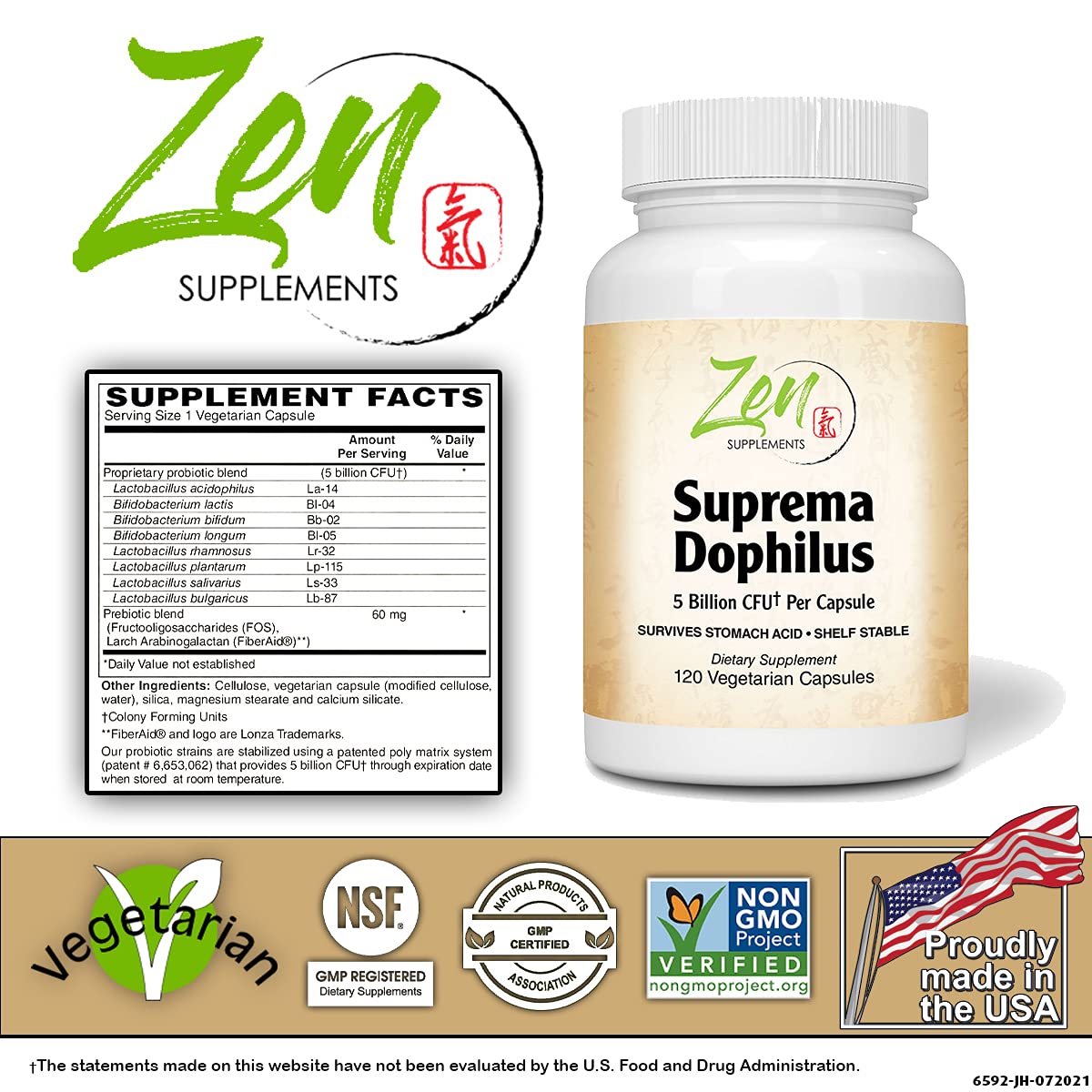 Zen Supplements - Suprema-Dophilus - 5 Billion CFU Probiotic - 8 Strains - Shelf Stable and Acid Resistant - Supports Gastrointestinal & Immune Health 120-Caps