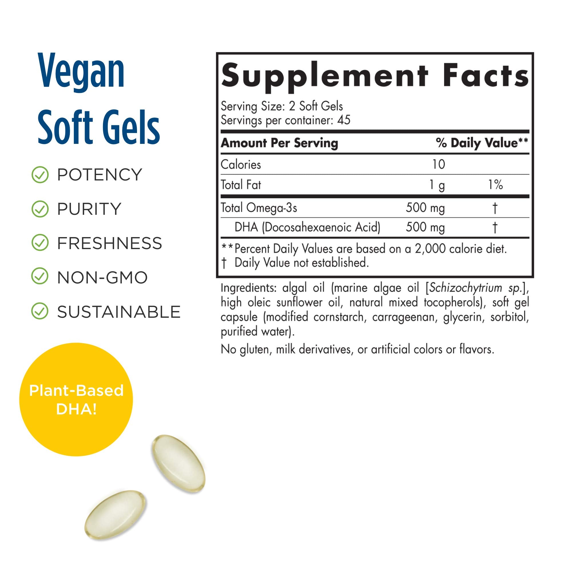 Nordic Naturals Algae DHA - 500 mg Omega-3 DHA - 90 Soft Gels - Certified Vegan Algae Oil - Plant-Based DHA - Brain, Eye & Nervous System Support - Non-GMO - 45 Servings