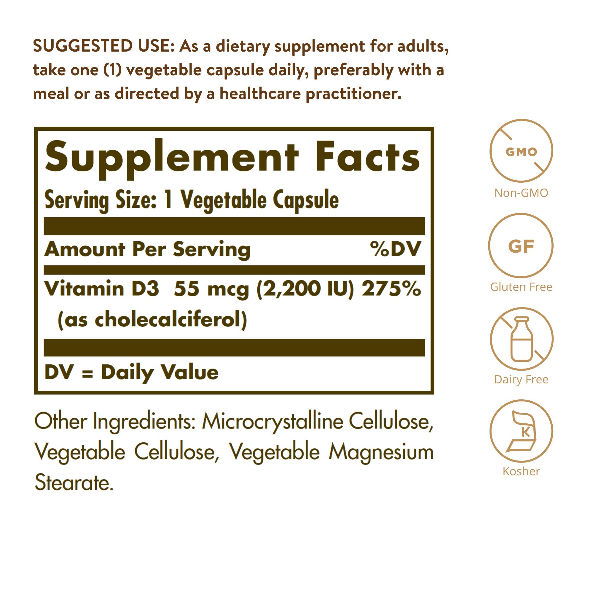 Vitamin D3 (Cholecalciferol) 55 mcg (2200 IU) Vegetable Capsules 100 SG