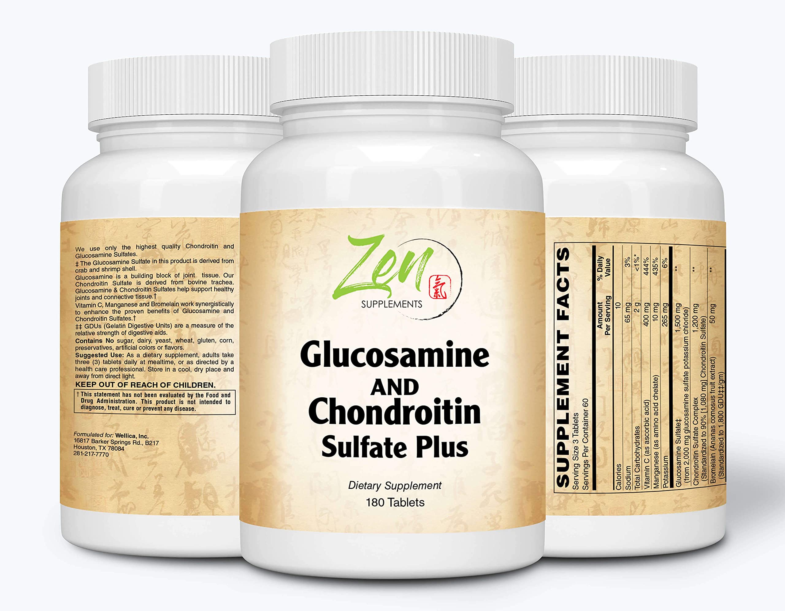 Zen Supplements - Glucosamine & Chondroitin Sulfate Plus - Supports Healthy Joint Structure, Mobility Function & Comfort 180-Tabs