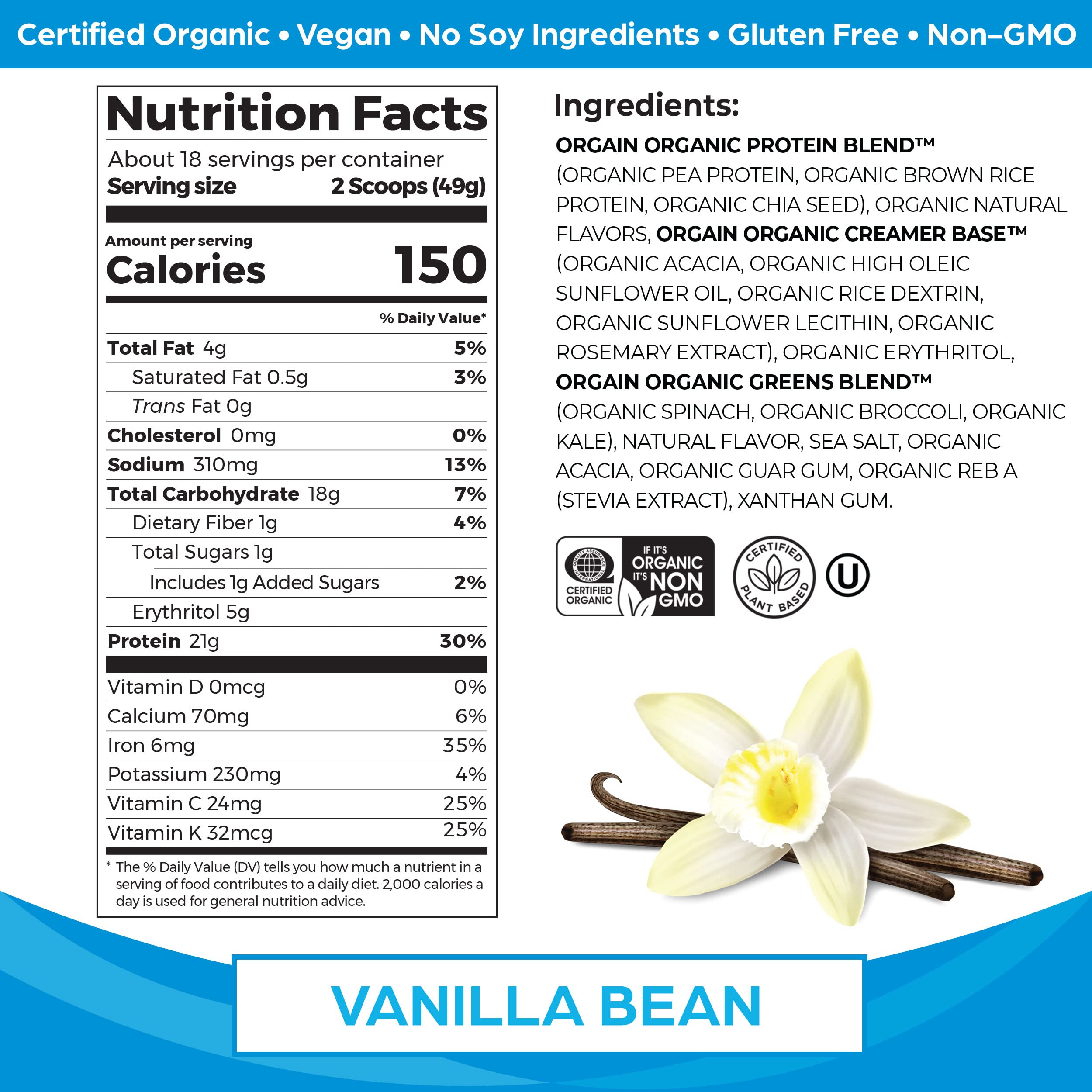 Orgain Organic Plant Based Protein & Greens Powder, Vanilla Bean - Vegan, Dairy Free, Gluten Free, Lactose Free, Soy Free, Low Sugar, Kosher, Non-GMO, 1.94 Pound (Packaging May Vary)