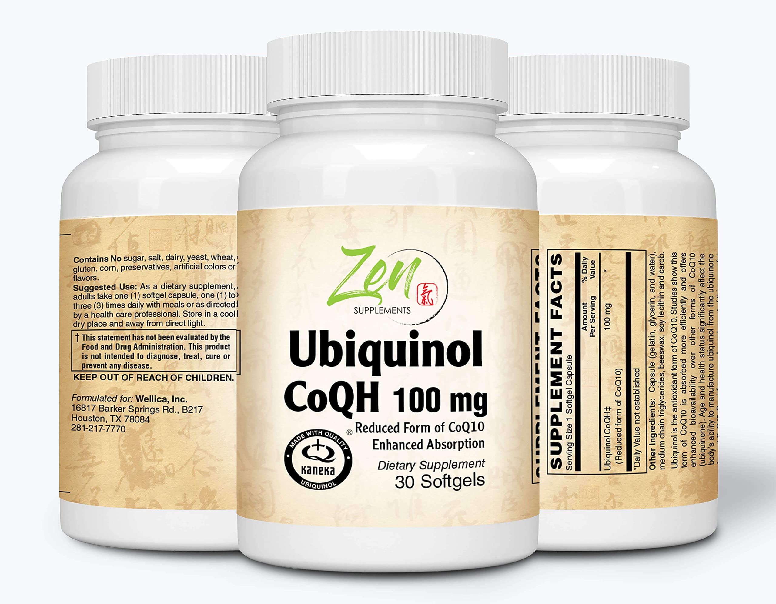 Zen Supplements - Ubiquinol CoQH 100Mg Supports Heart Health Including Cholesterol & Blood Pressure, Neurological Function & Cellular Energy 30-Softgel